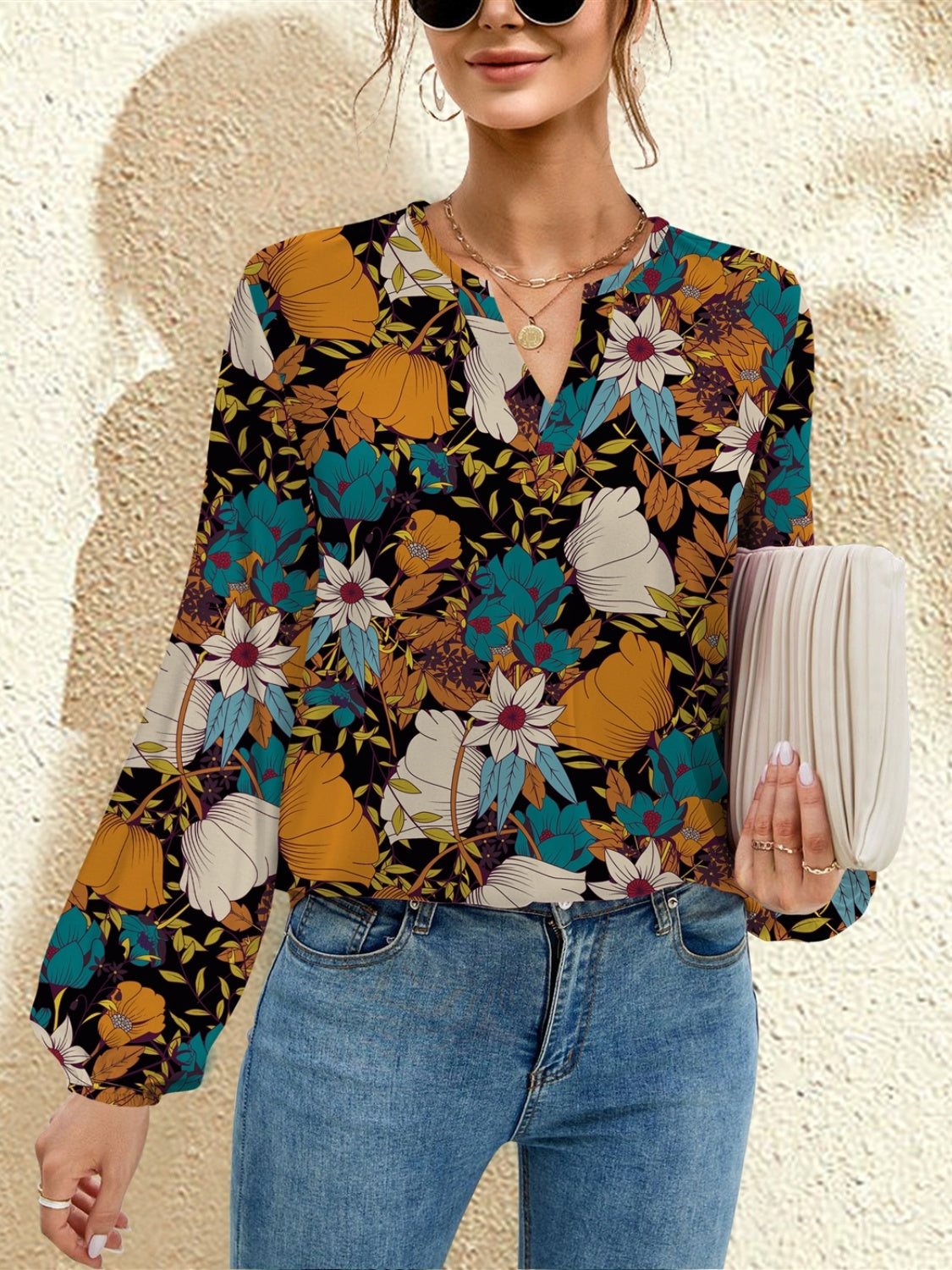 FAM-FAM Printed Notched Long Sleeve Blouse - EkaVibe