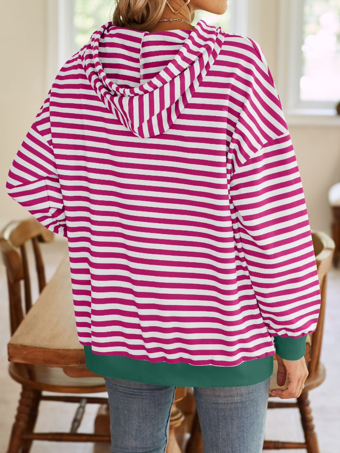 Lovelet Drawstring Striped Long Sleeve Hoodie - EkaVibe