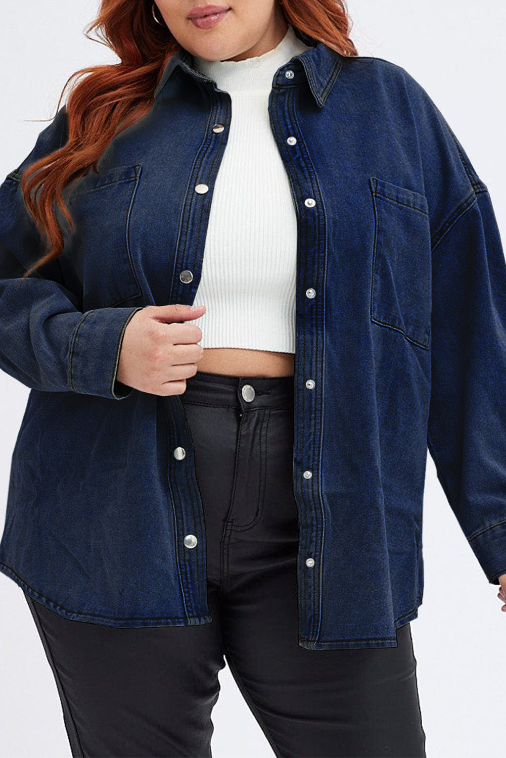 Plus Size Snap Down Pocketed Denim Jacket - EkaVibe