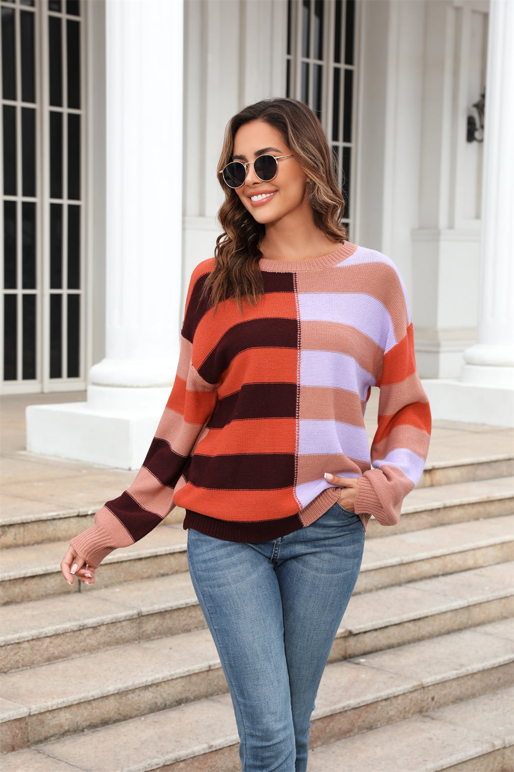 Angel Wings Round Neck Long Sleeve Color Block Dropped Shoulder Pullover Sweater - EkaVibe