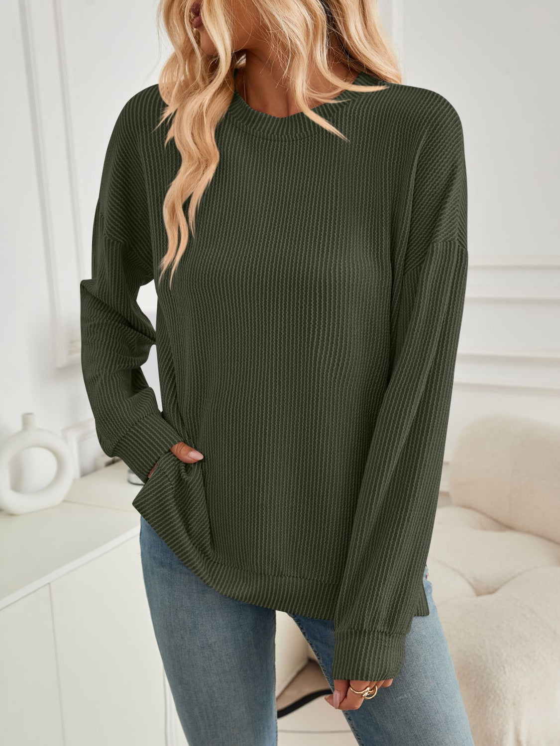 Lovelet Slit Round Neck Long Sleeve Sweatshirt - EkaVibe