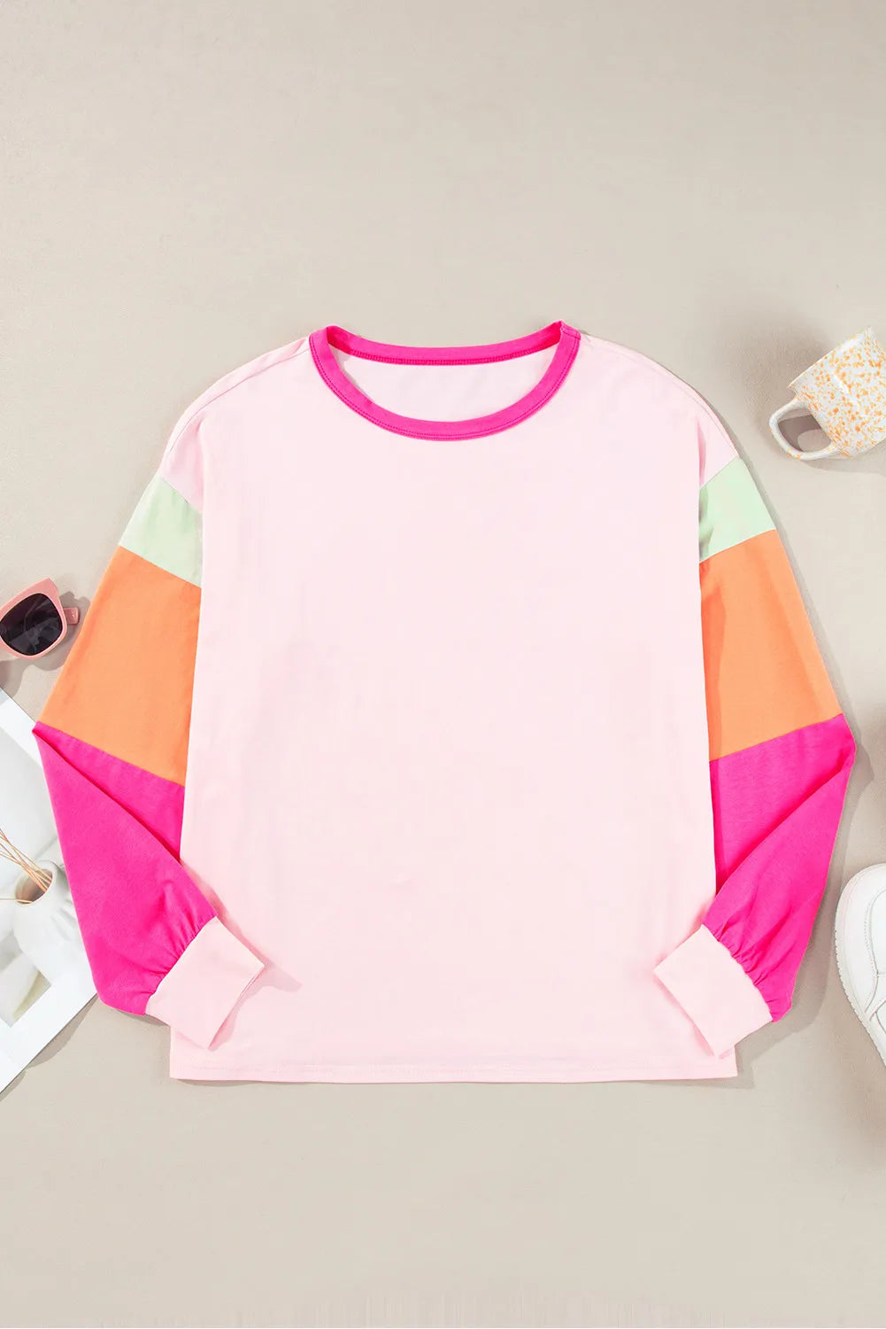 Color Block Round Neck Long Sleeve Top - EkaVibe