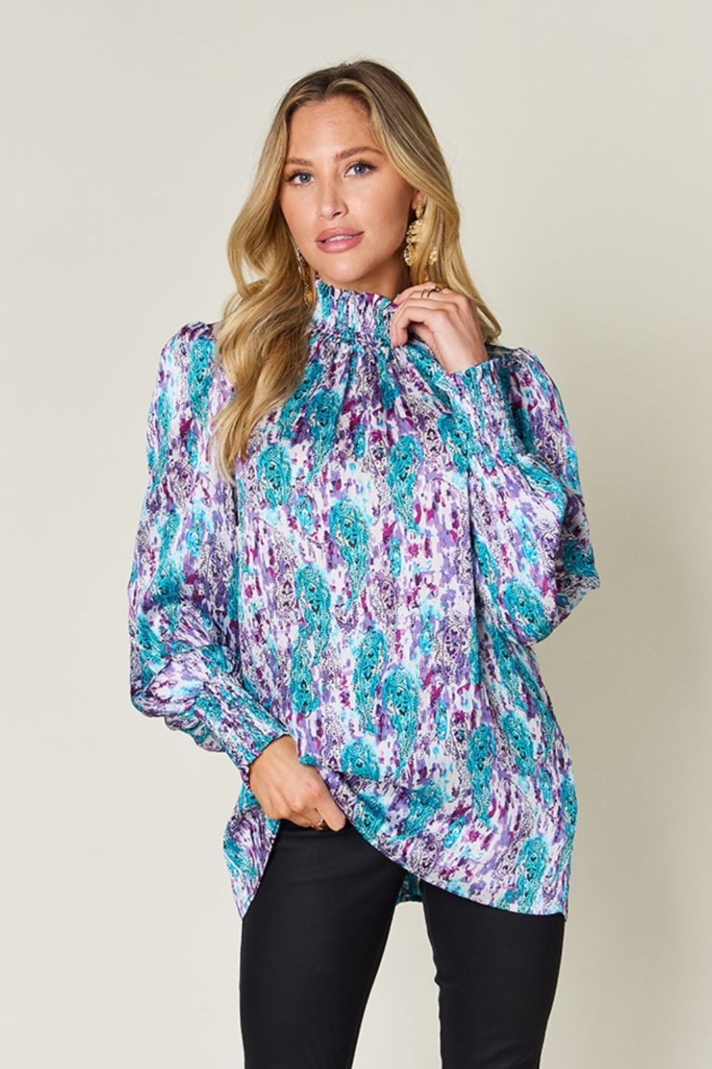 Double Take Full Size Printed Smocked Long Sleeve Blouse - EkaVibe