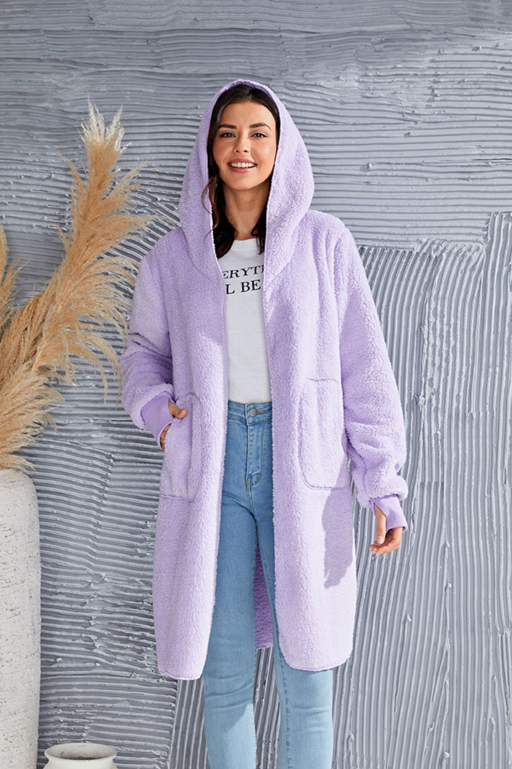 Double Take Full Size Hooded Teddy Bear Jacket with Thumbholes - EkaVibe