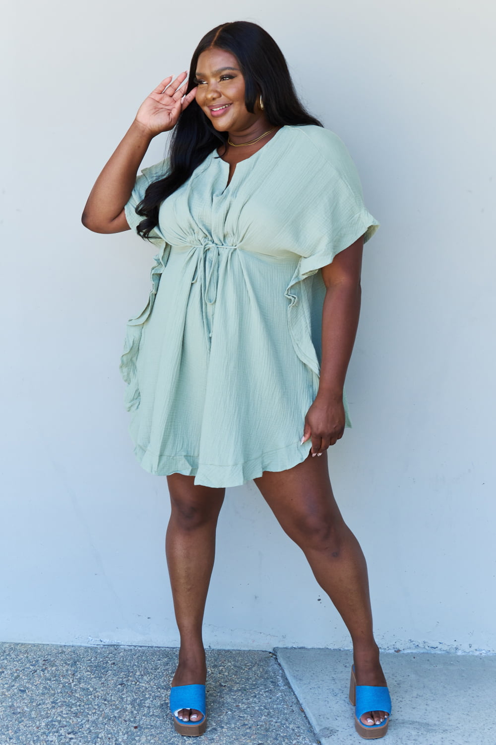 Ninexis Out Of Time Full Size Ruffle Hem Dress with Drawstring Waistband in Light Sage - EkaVibe