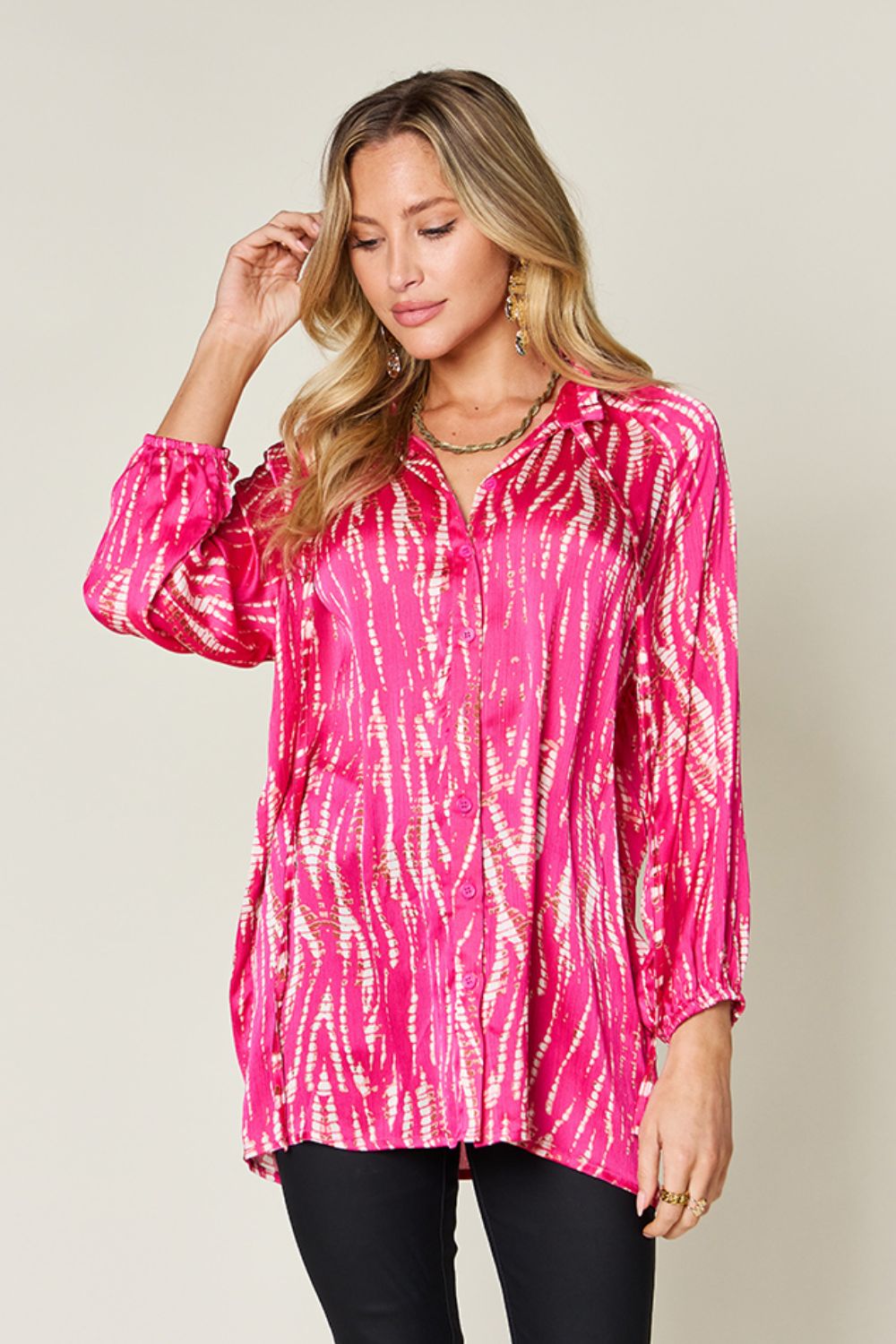 Double Take Full Size Printed Button Up Long Sleeve Shirt - EkaVibe