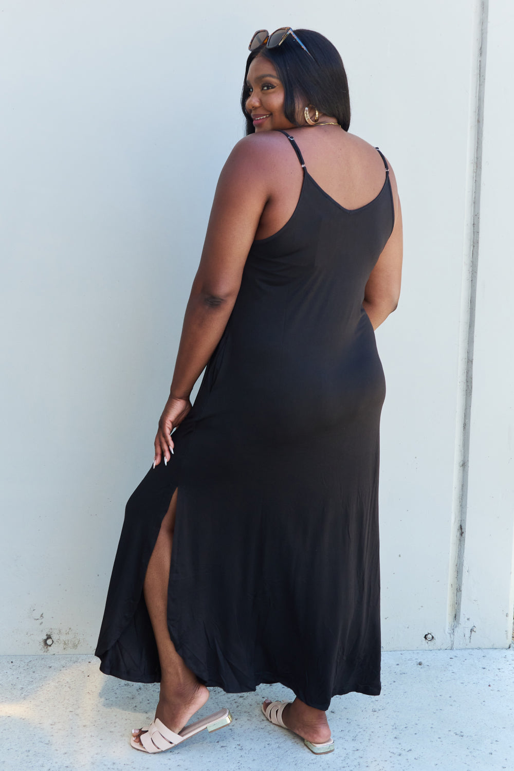 Ninexis Good Energy Full Size Cami Side Slit Maxi Dress in Black - EkaVibe