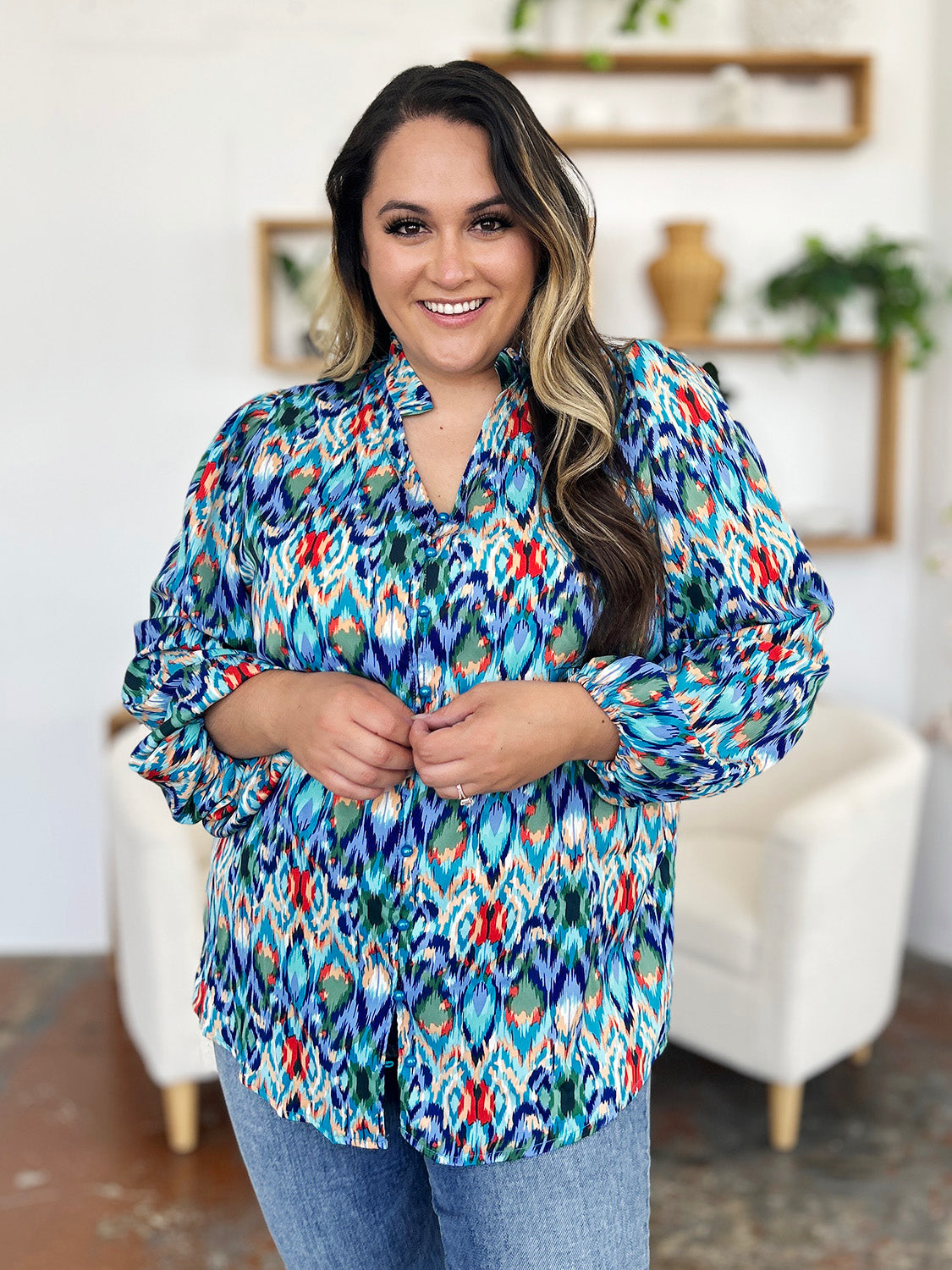 Double Take Full Size Printed Balloon Sleeve Blouse - EkaVibe