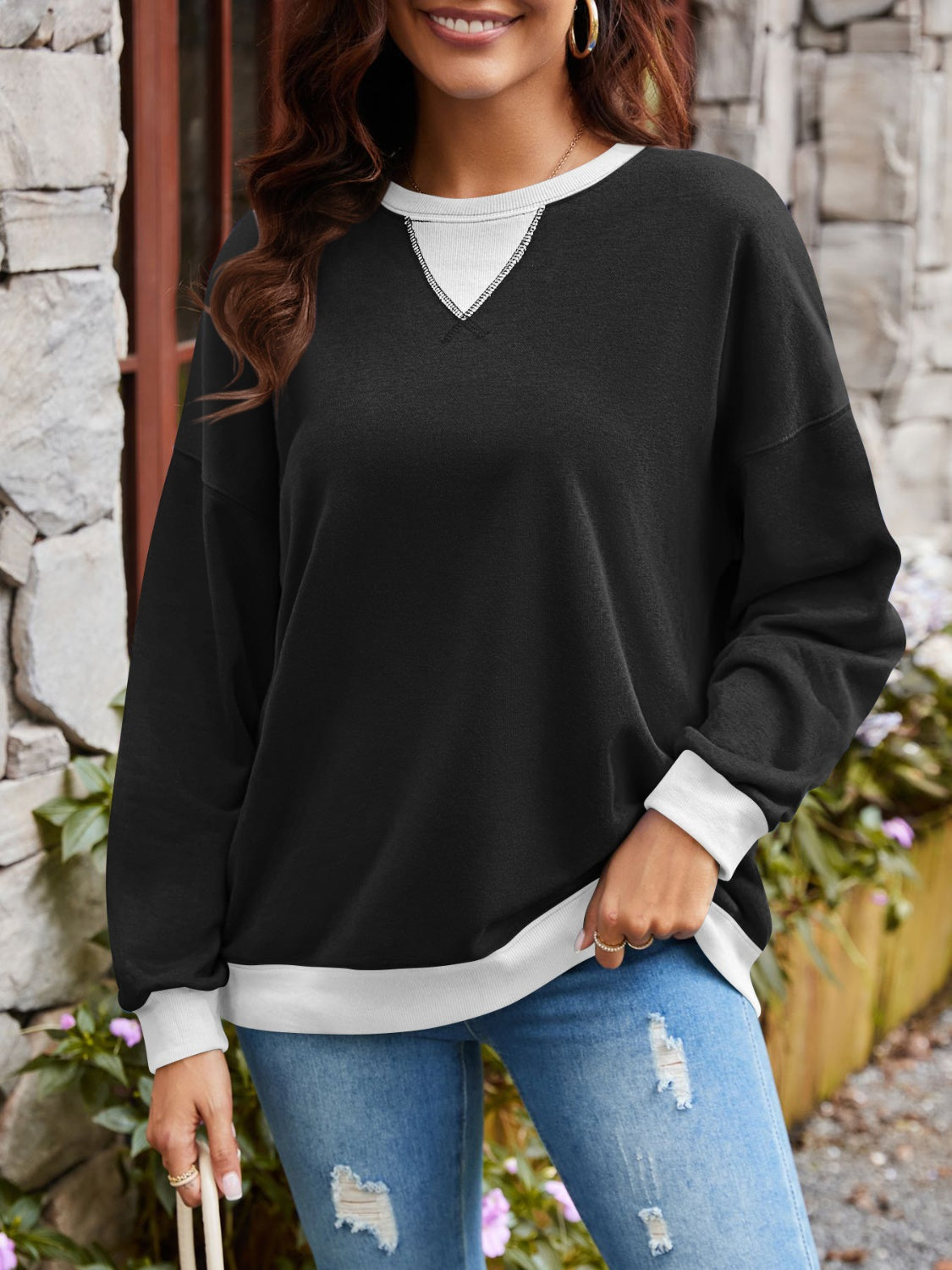 Lovelet Contrast Round Neck Long Sleeve Sweatshirt - EkaVibe