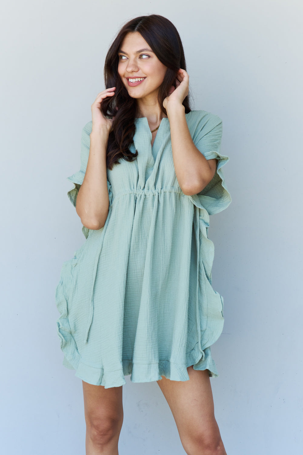 Ninexis Out Of Time Full Size Ruffle Hem Dress with Drawstring Waistband in Light Sage - EkaVibe