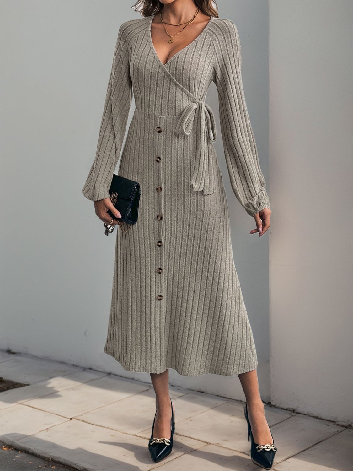 Perfee Ribbed Tied Surplice Long Sleeve Dress - EkaVibe