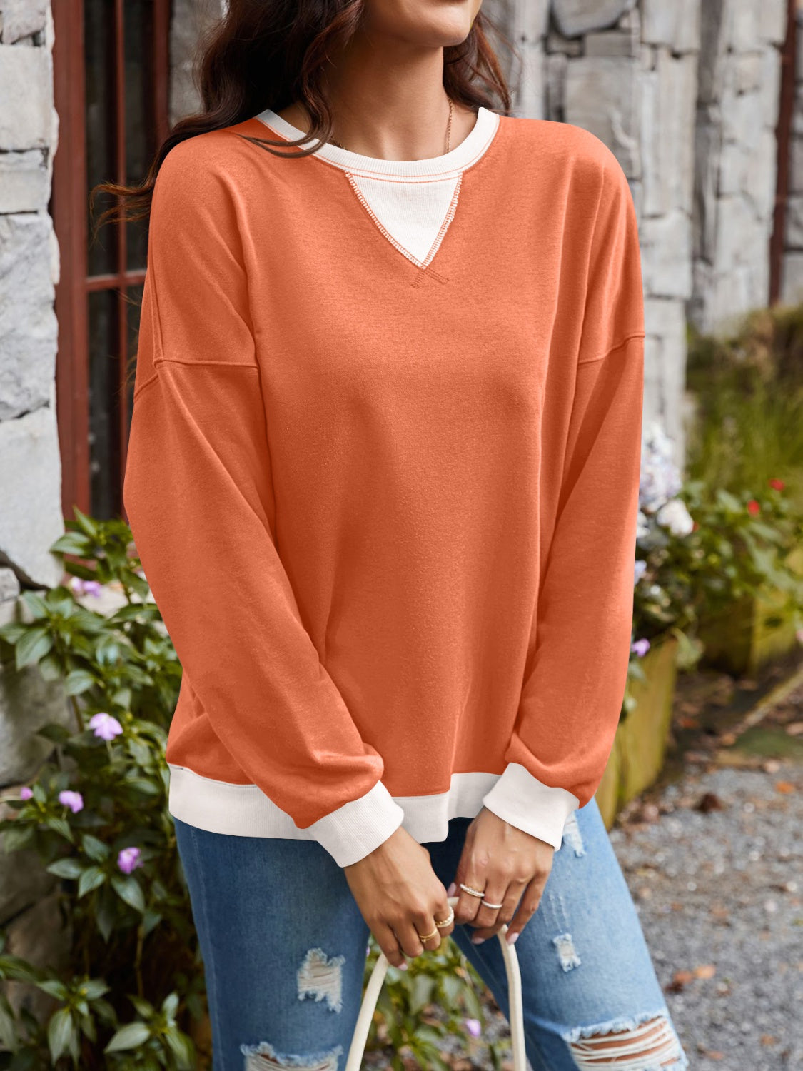 Lovelet Contrast Round Neck Long Sleeve Sweatshirt - EkaVibe