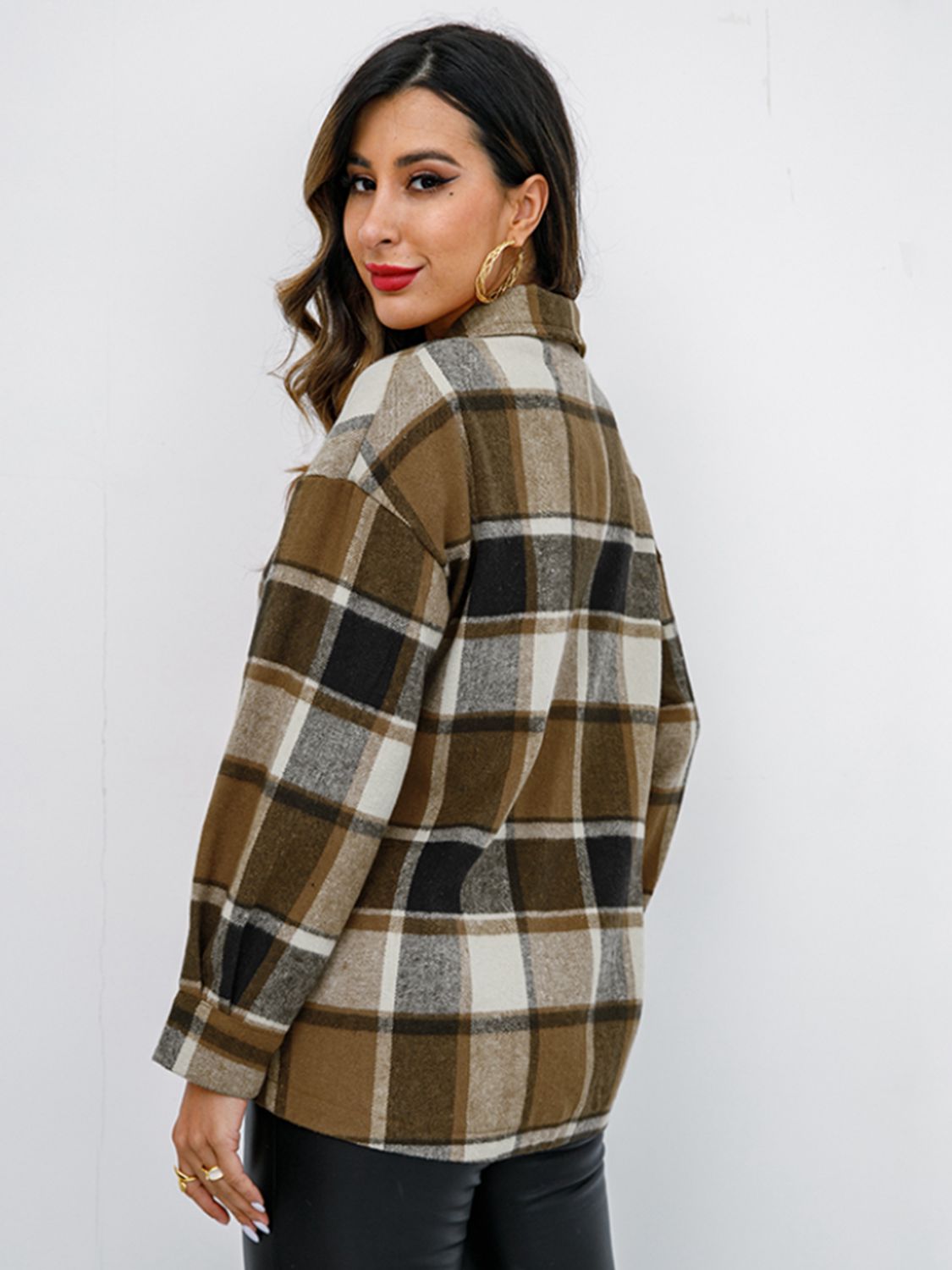 Shiny Plaid Button Up Collared Neck Jacket - EkaVibe