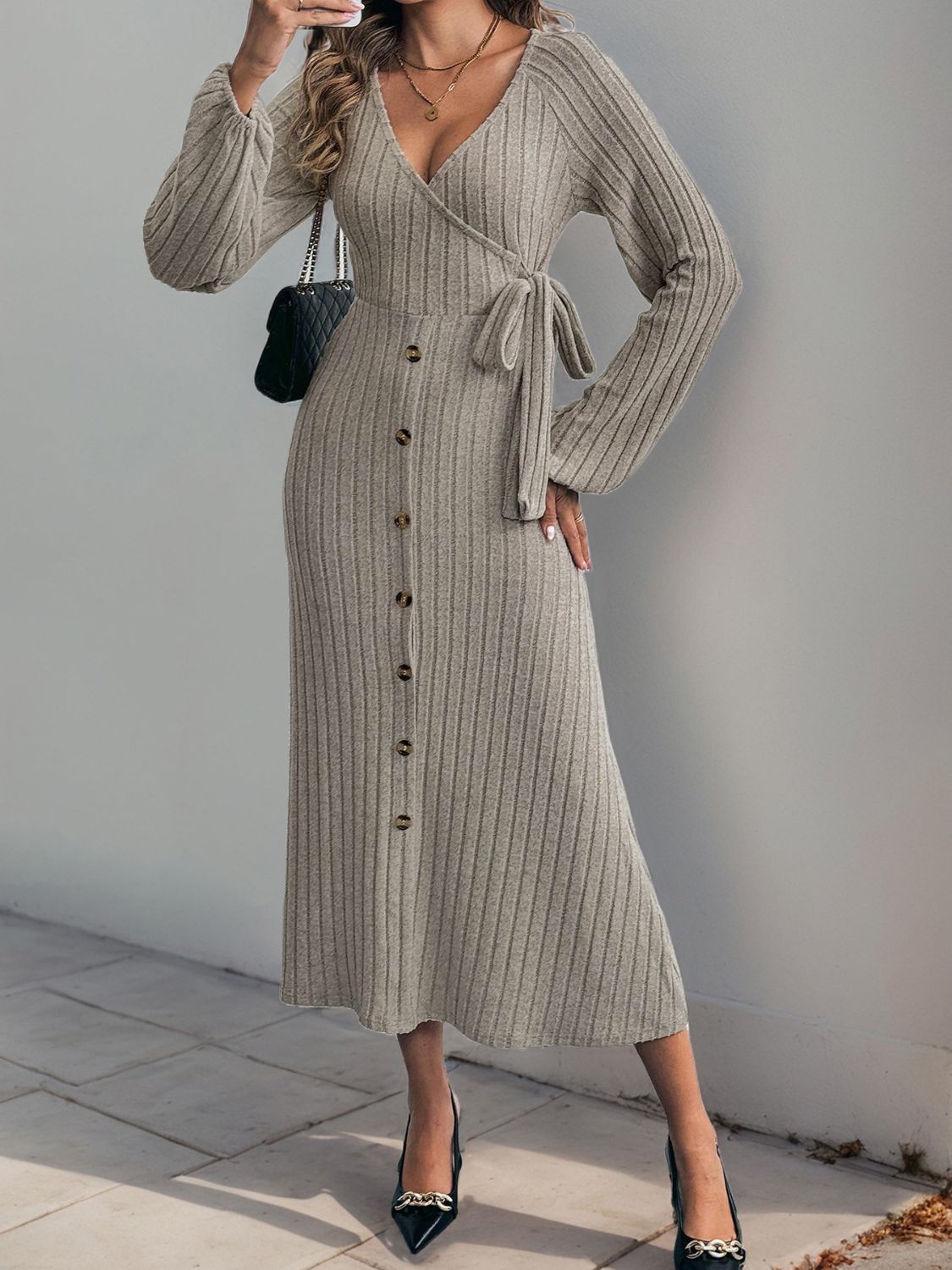 Perfee Ribbed Tied Surplice Long Sleeve Dress - EkaVibe