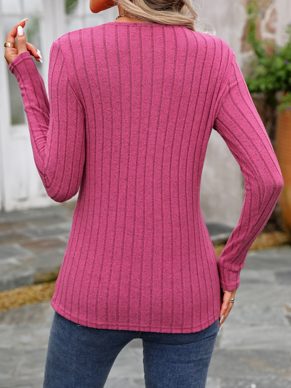 Decorative Button Round Neck Long Sleeve T-Shirt - EkaVibe