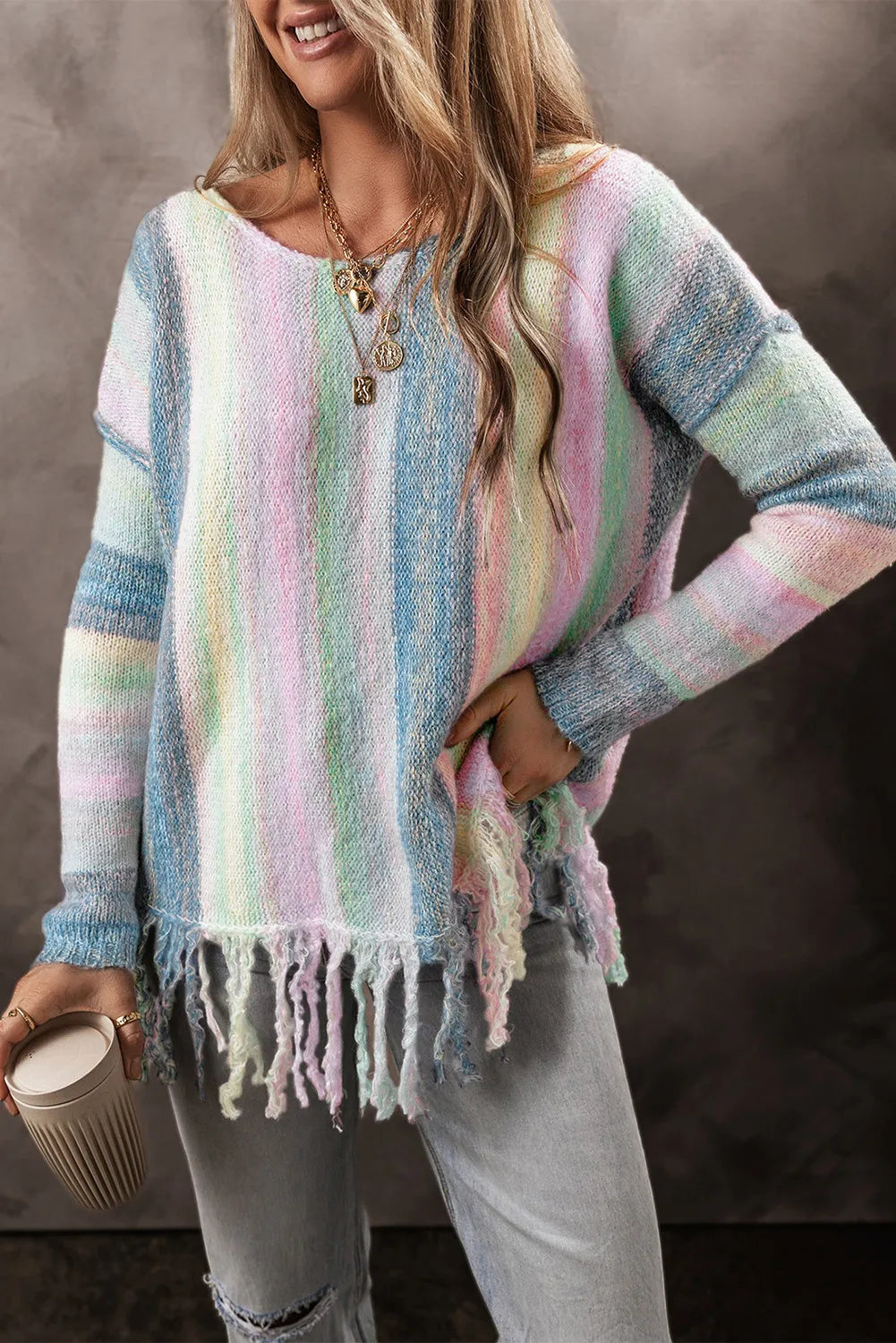 Fringe Color Block Round Neck Sweater - EkaVibe