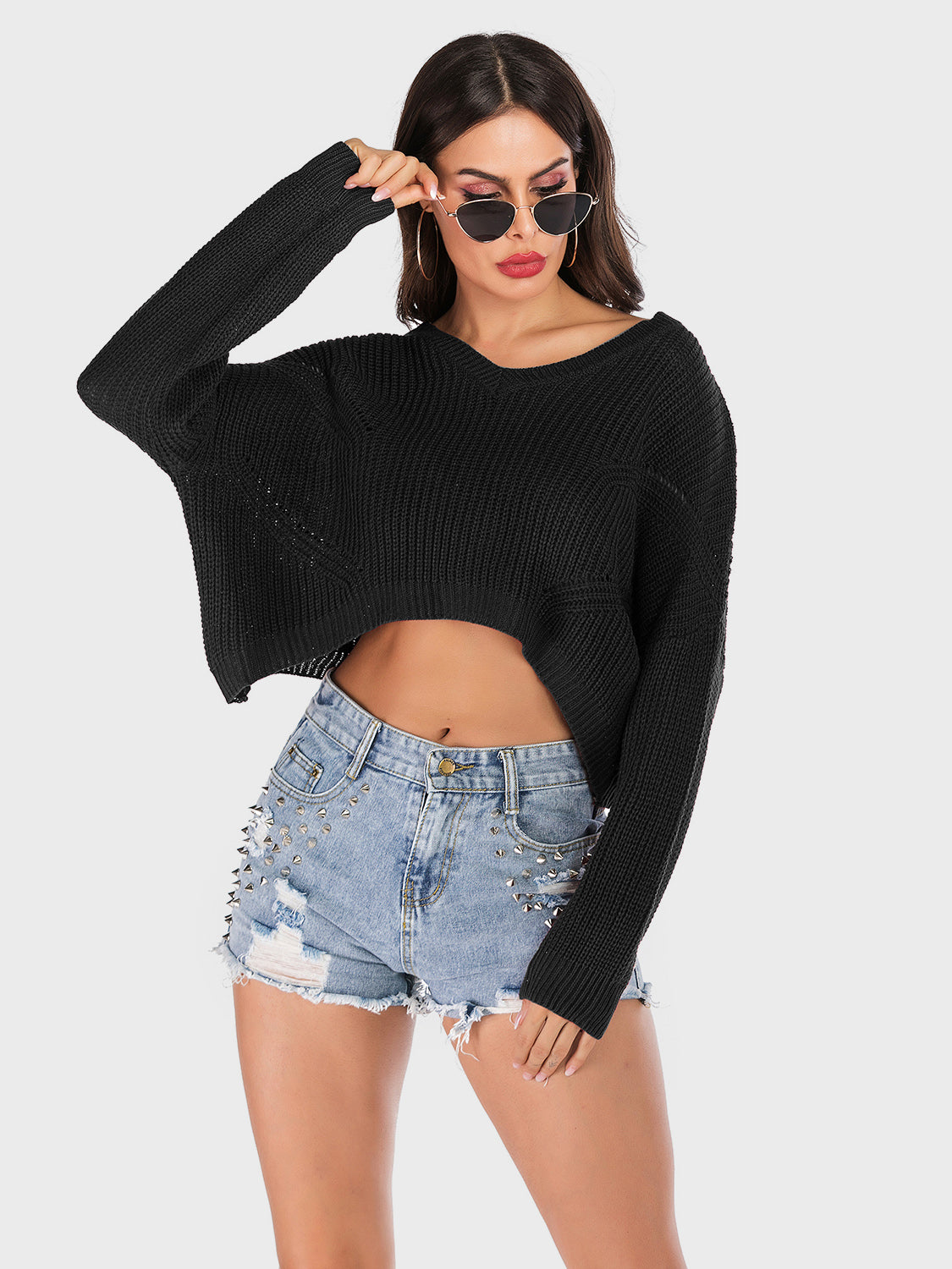 Perfee V-Neck Long Sleeve Sweater - EkaVibe