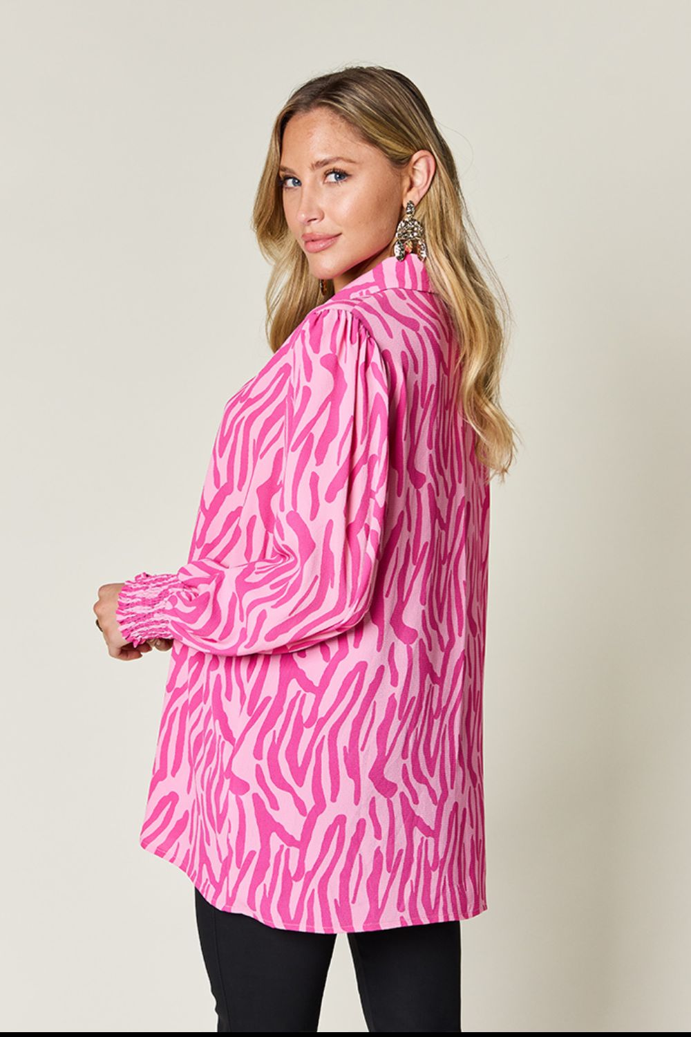 Double Take Full Size Printed Smocked Long Sleeve Blouse - EkaVibe