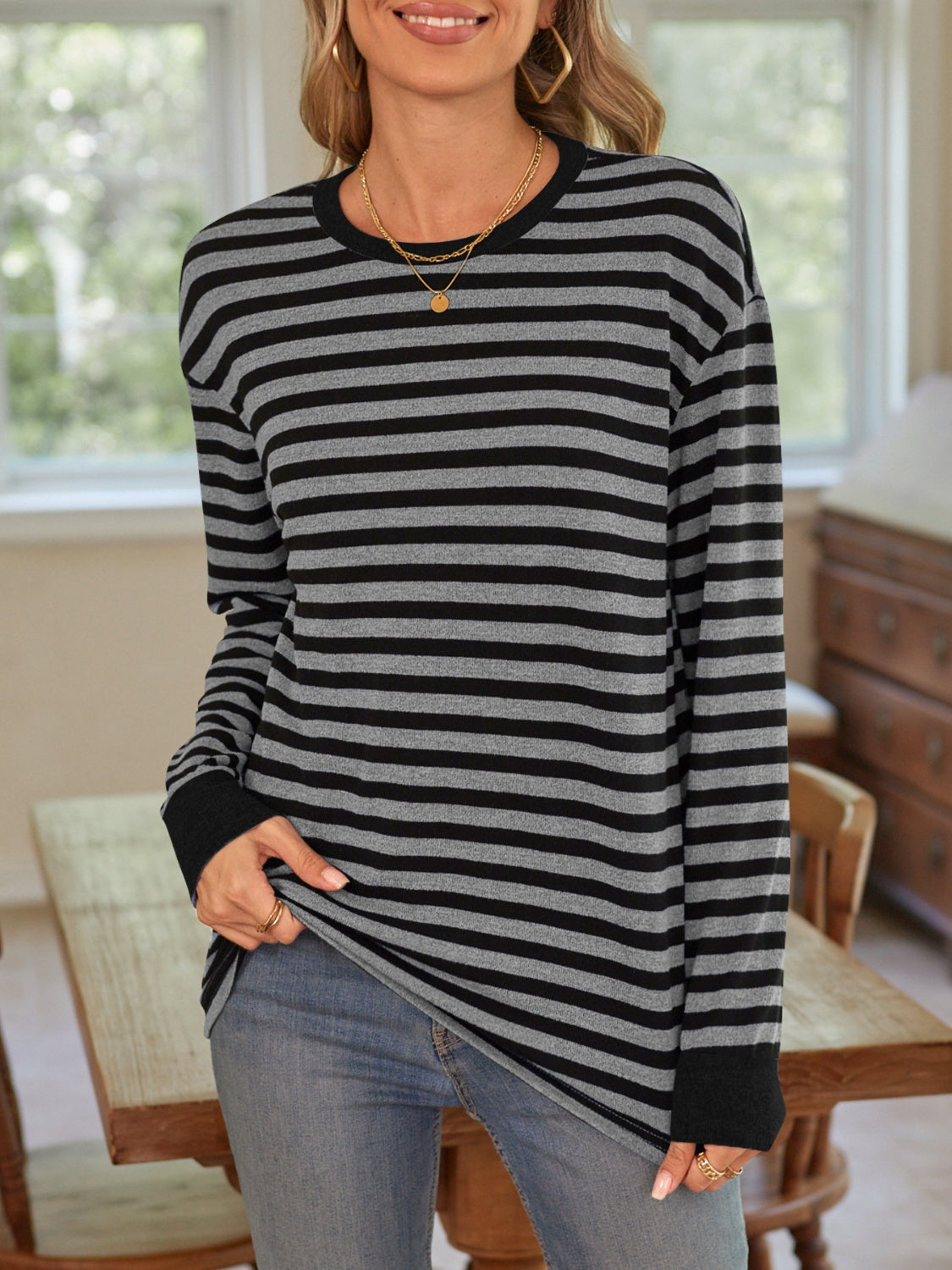 Lovelet Striped Round Neck Long Sleeve T-Shirt - EkaVibe