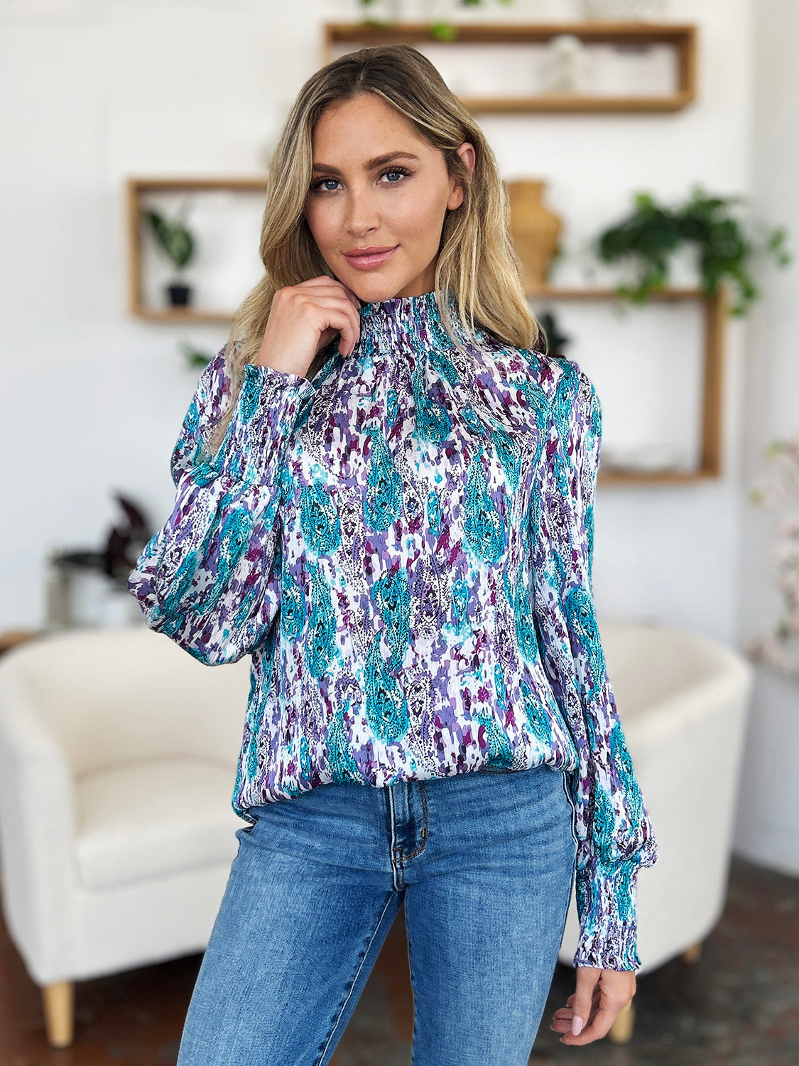 Double Take Full Size Printed Smocked Long Sleeve Blouse - EkaVibe