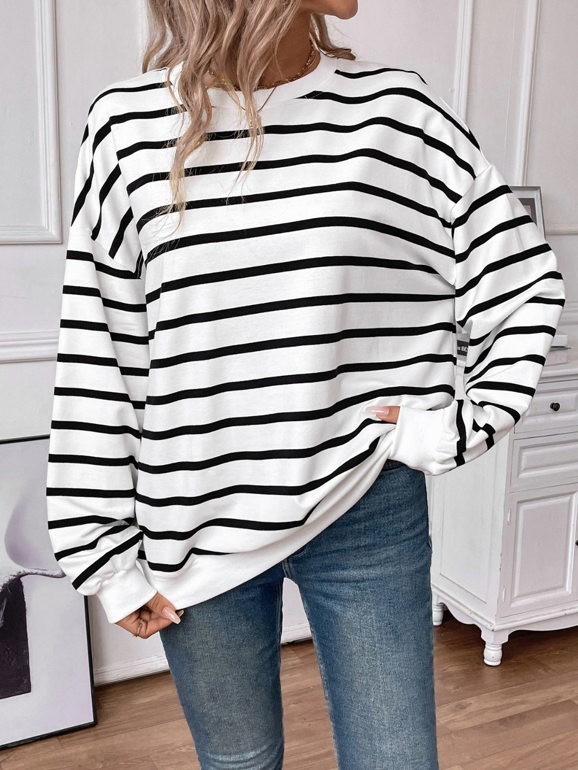 Lovelet Striped Round Neck Long Sleeve Sweatshirt - EkaVibe