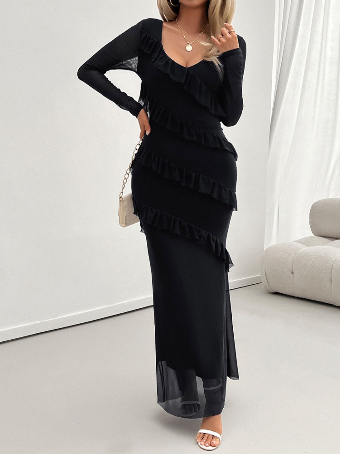 Devine Ruffled Surplice Long Sleeve Maxi Dress - EkaVibe