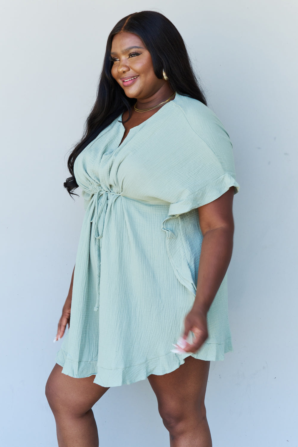 Ninexis Out Of Time Full Size Ruffle Hem Dress with Drawstring Waistband in Light Sage - EkaVibe