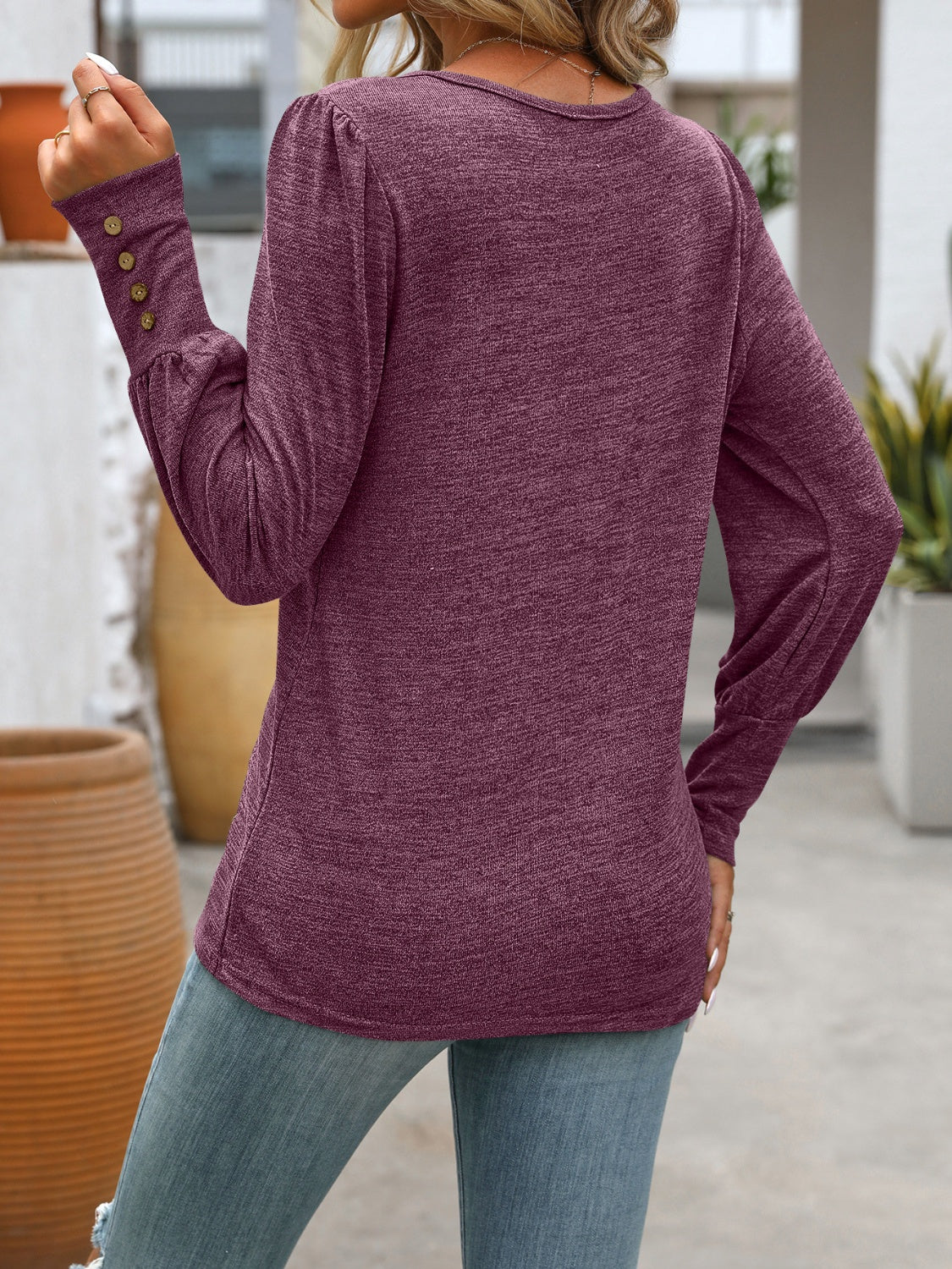 Decorative Button Round Neck Long Sleeve T-Shirt - EkaVibe