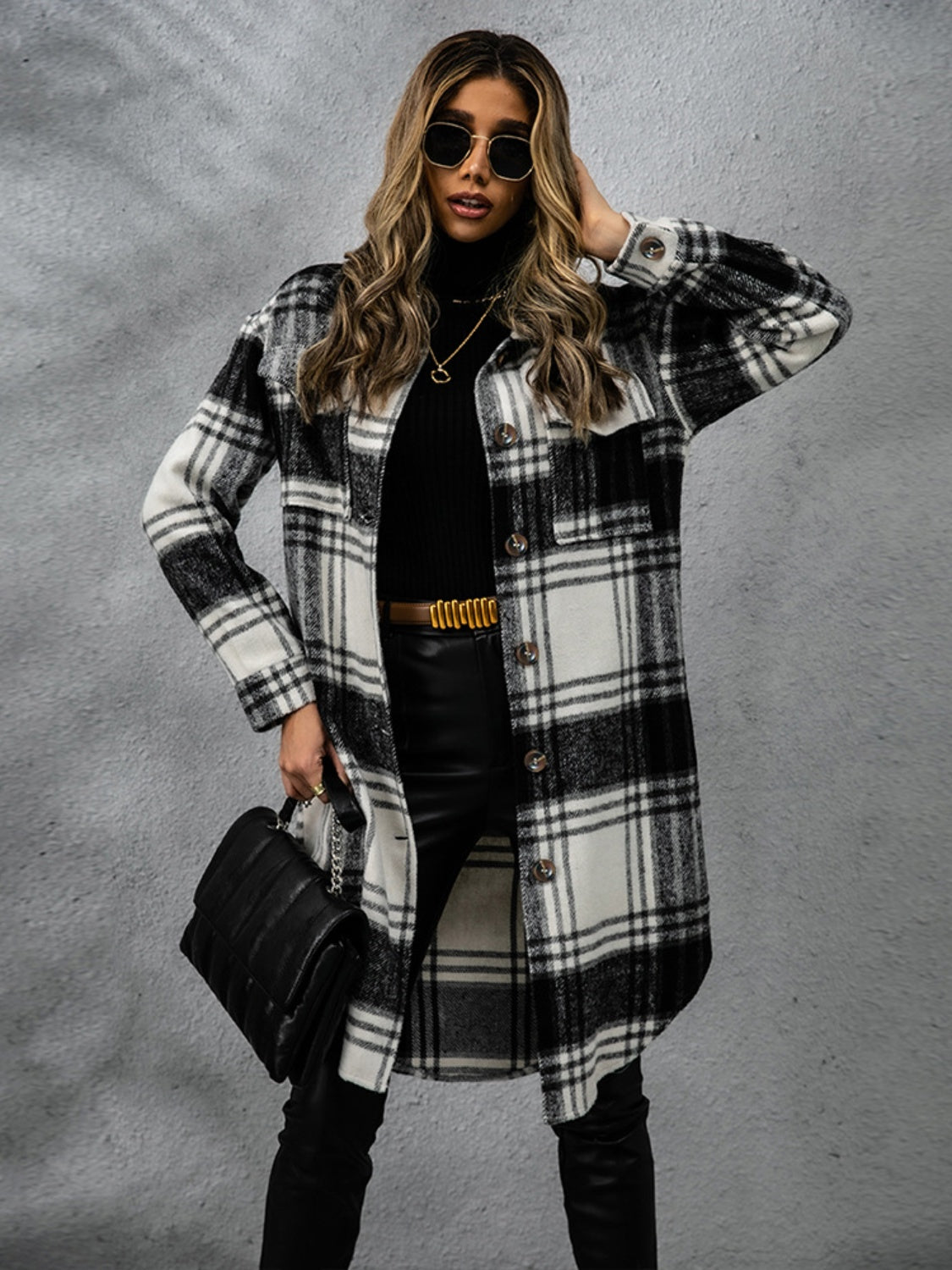 Plaid Collared Neck Long Sleeve Coat - EkaVibe