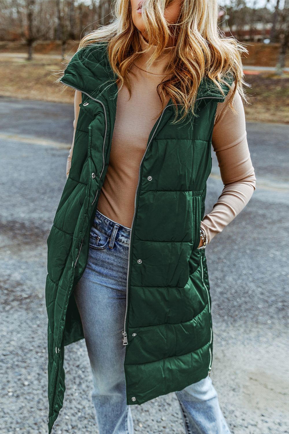 Longline Hooded Sleeveless Puffer Vest - EkaVibe