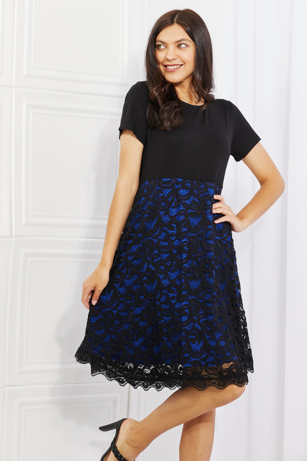 Yelete Full Size Contrasting Lace Midi Dress - EkaVibe