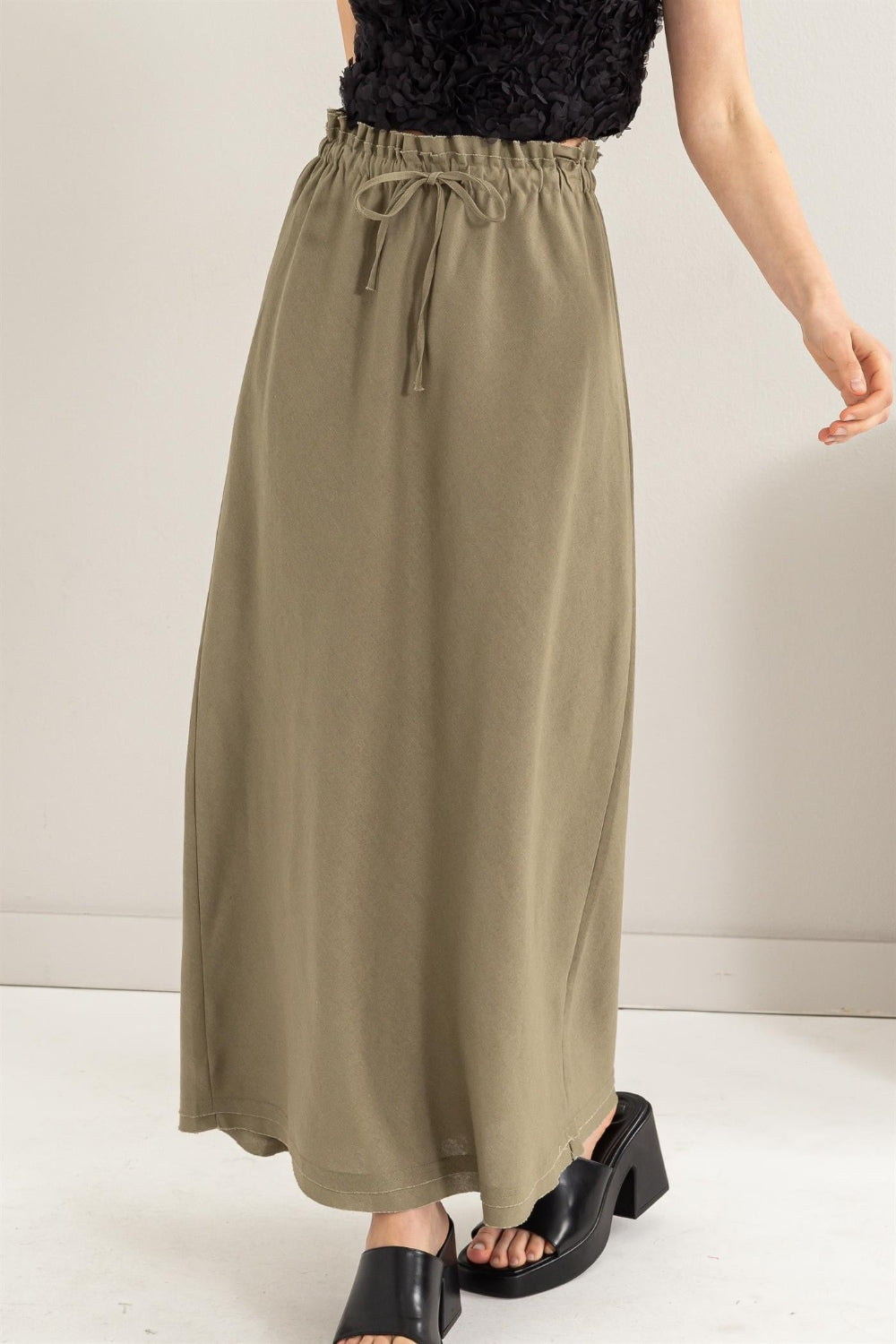 HYFVE Drawstring Washed Linen Maxi Skirt - EkaVibe