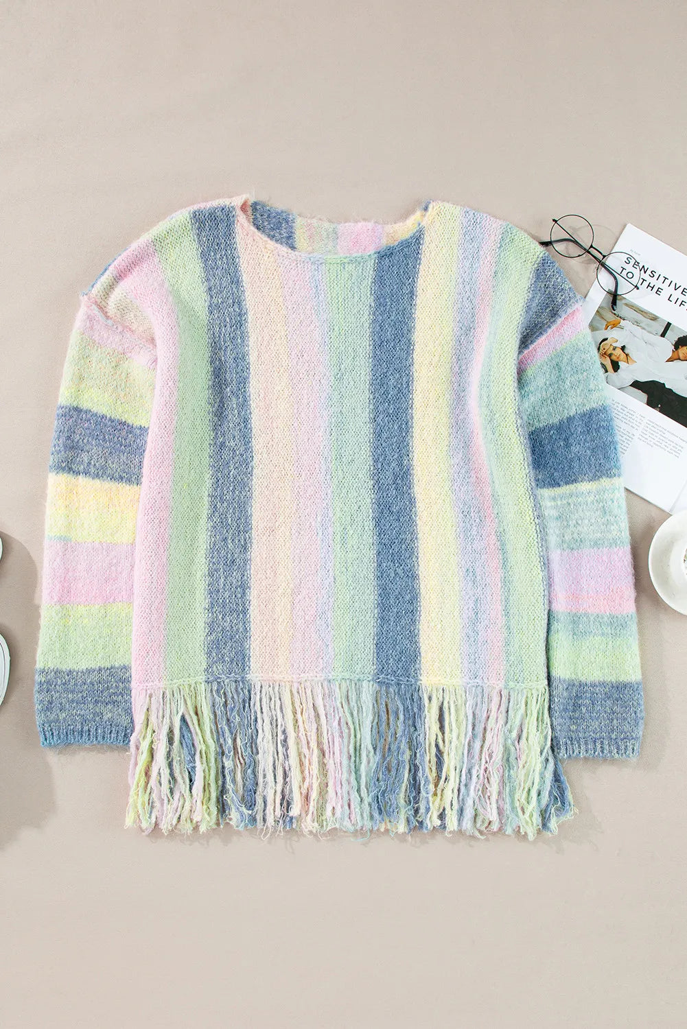 Fringe Color Block Round Neck Sweater - EkaVibe