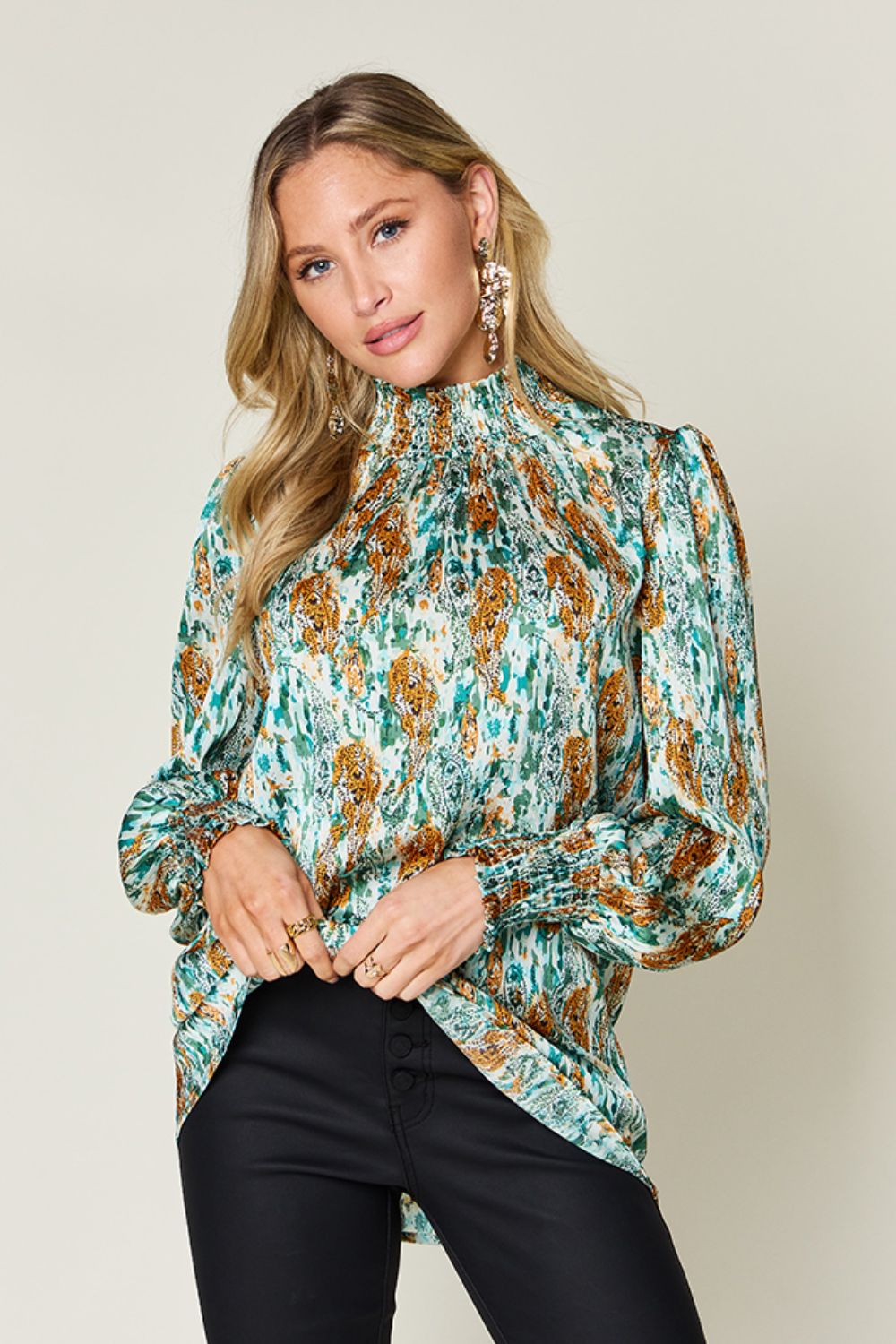 Double Take Full Size Printed Smocked Long Sleeve Blouse - EkaVibe