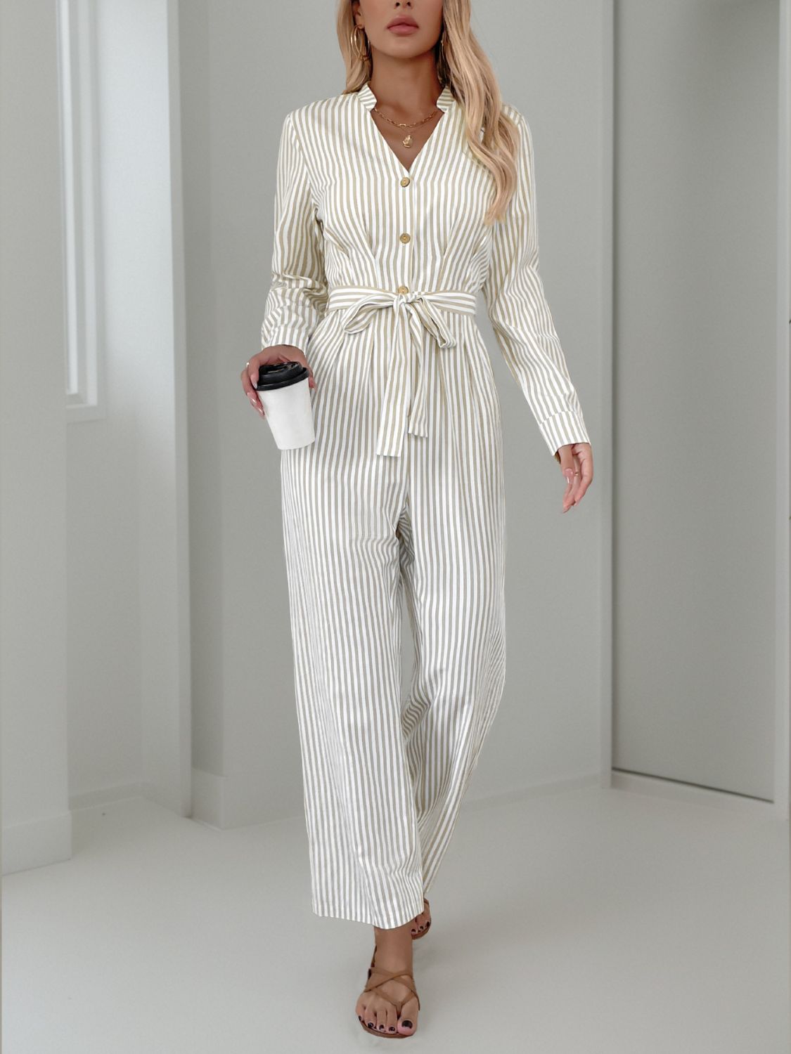 Striped Notched Long Sleeve Tie Waist Jumpsuit - EkaVibe