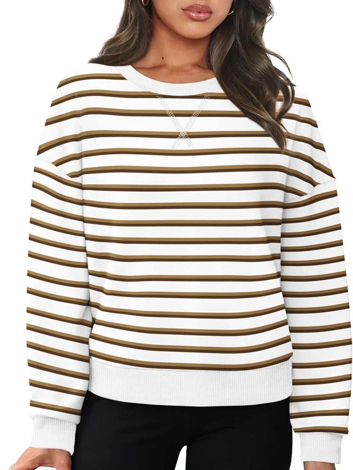 Lovelet Striped Round Neck Long Sleeve Sweatshirt - EkaVibe