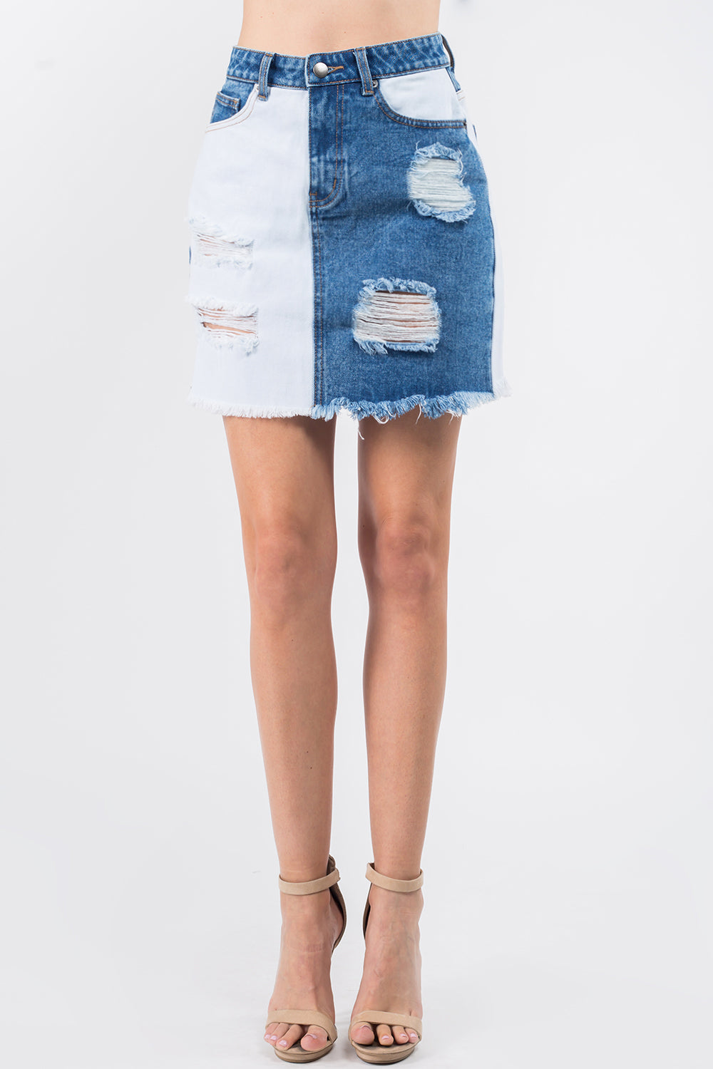 American Bazi Contrast Patched Frayed Denim Distressed Skirts - EkaVibe