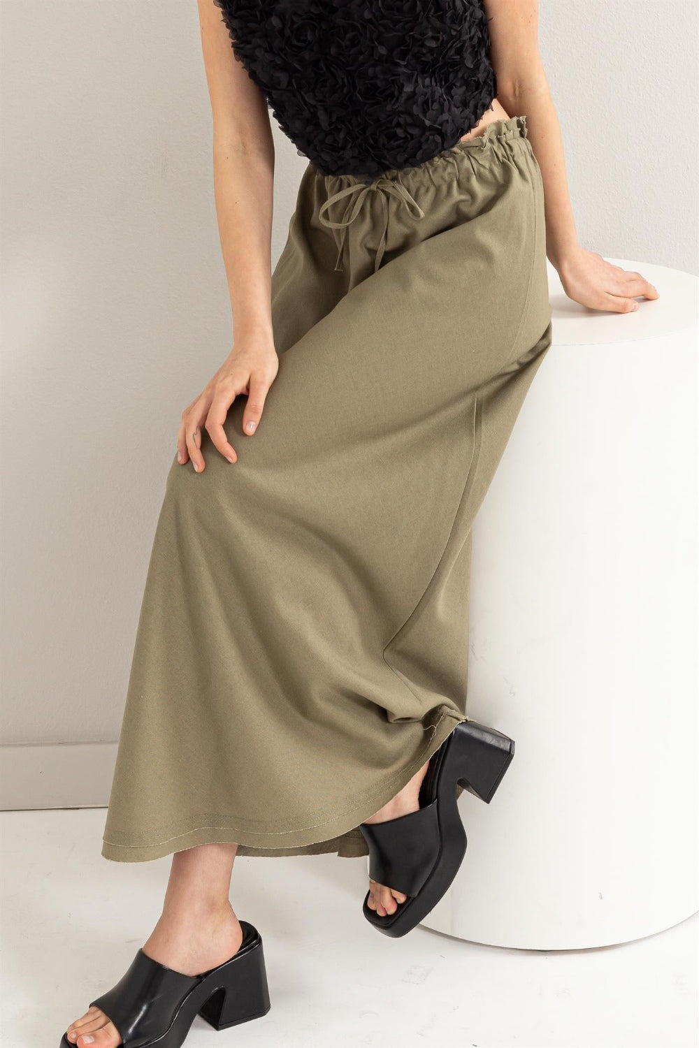 HYFVE Drawstring Washed Linen Maxi Skirt - EkaVibe