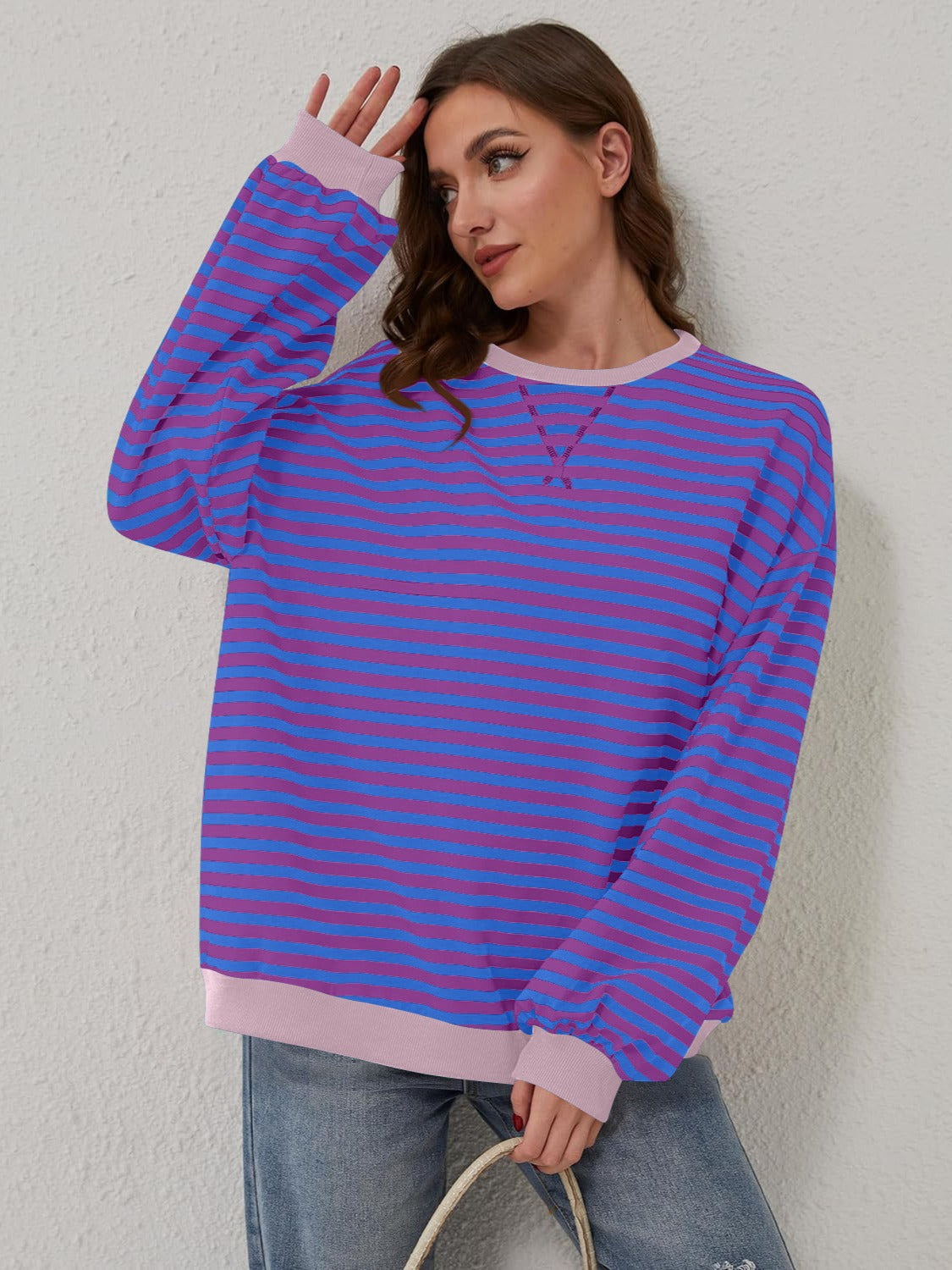 Lovelet Contrast Striped Long Sleeve Sweatshirt - EkaVibe