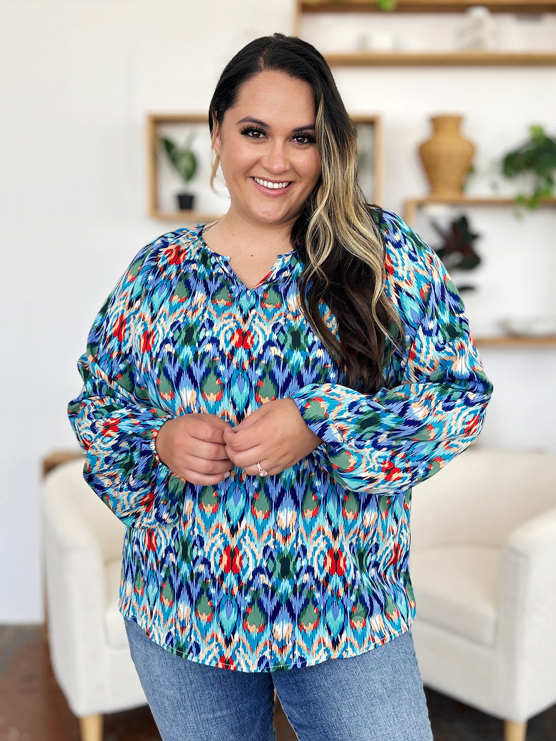 Double Take Full Size Printed Balloon Sleeve Blouse - EkaVibe