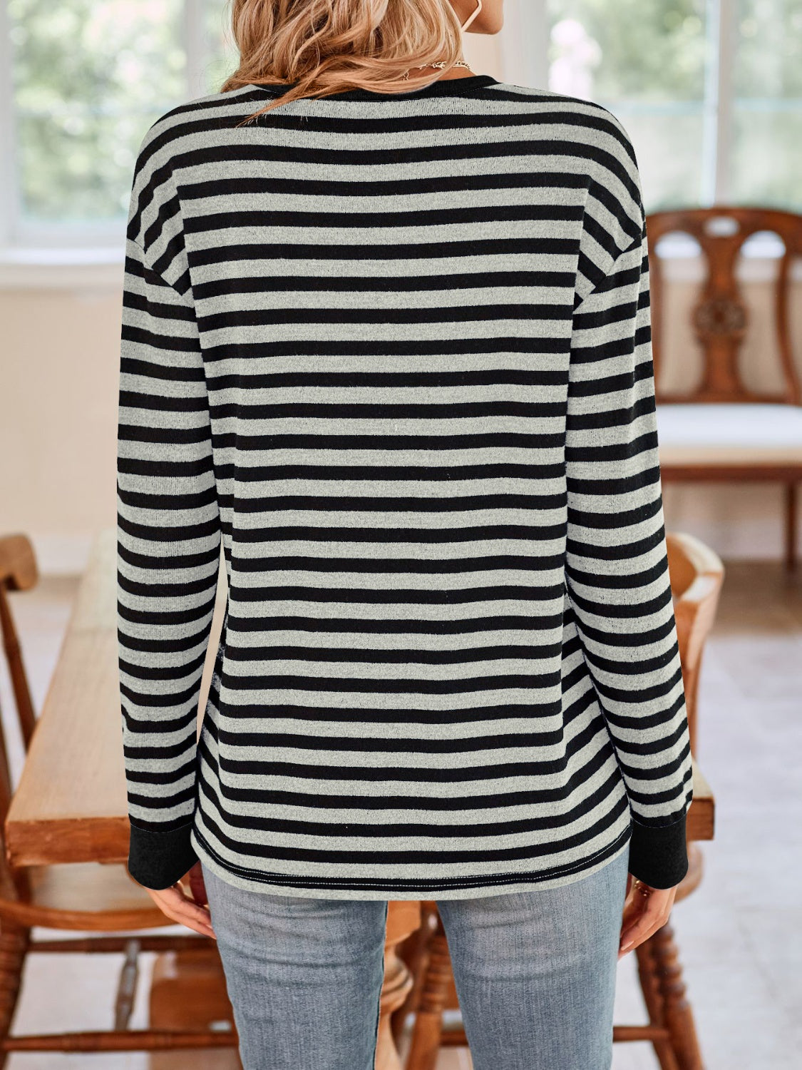 Lovelet Striped Round Neck Long Sleeve T-Shirt - EkaVibe