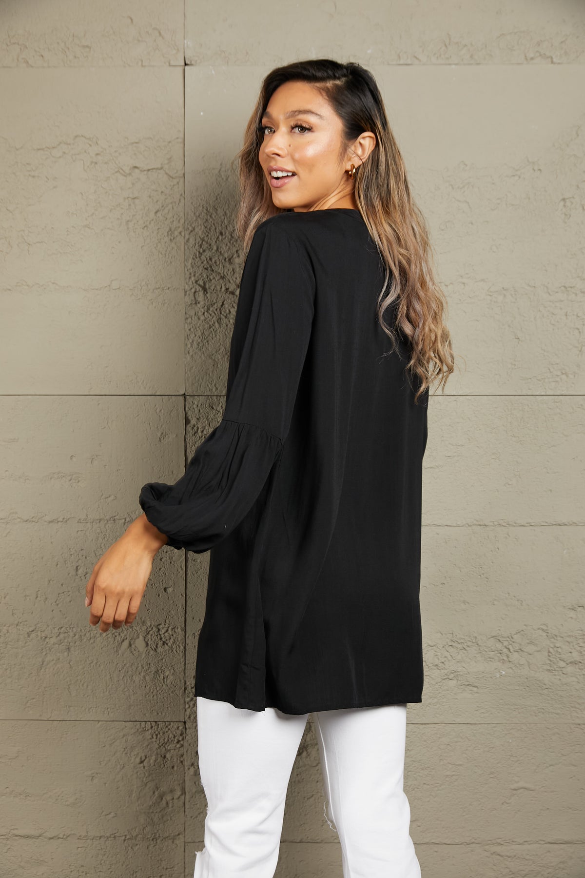 Ivy Lane Notched Neck Balloon Sleeve Shirt - EkaVibe