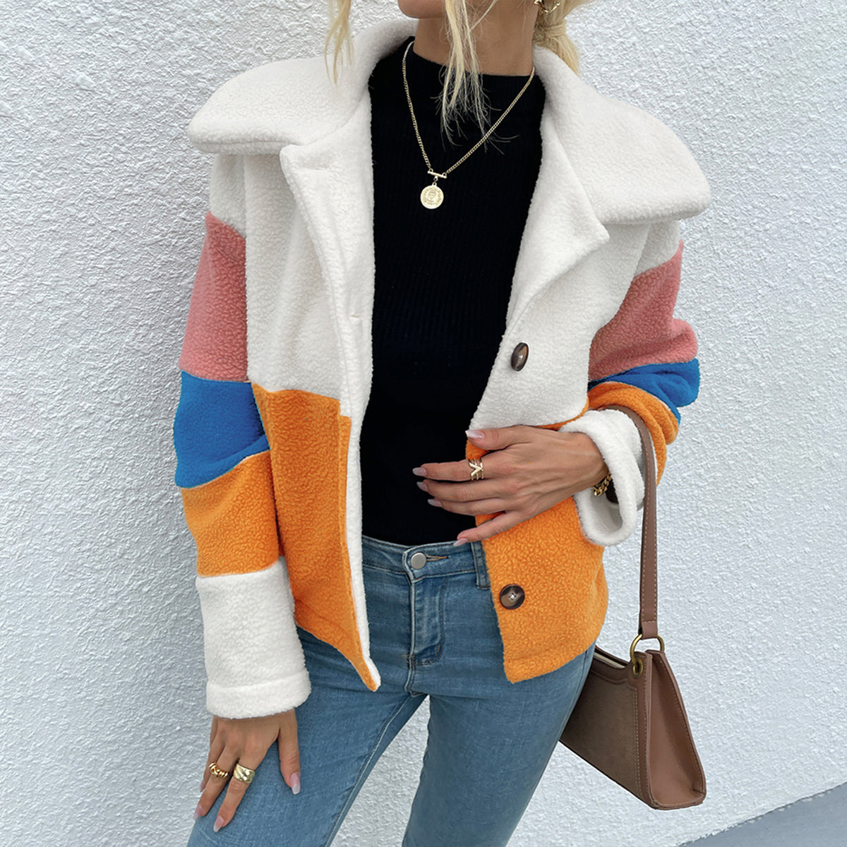 Shiny Color Block Button Down Collared Jacket - EkaVibe