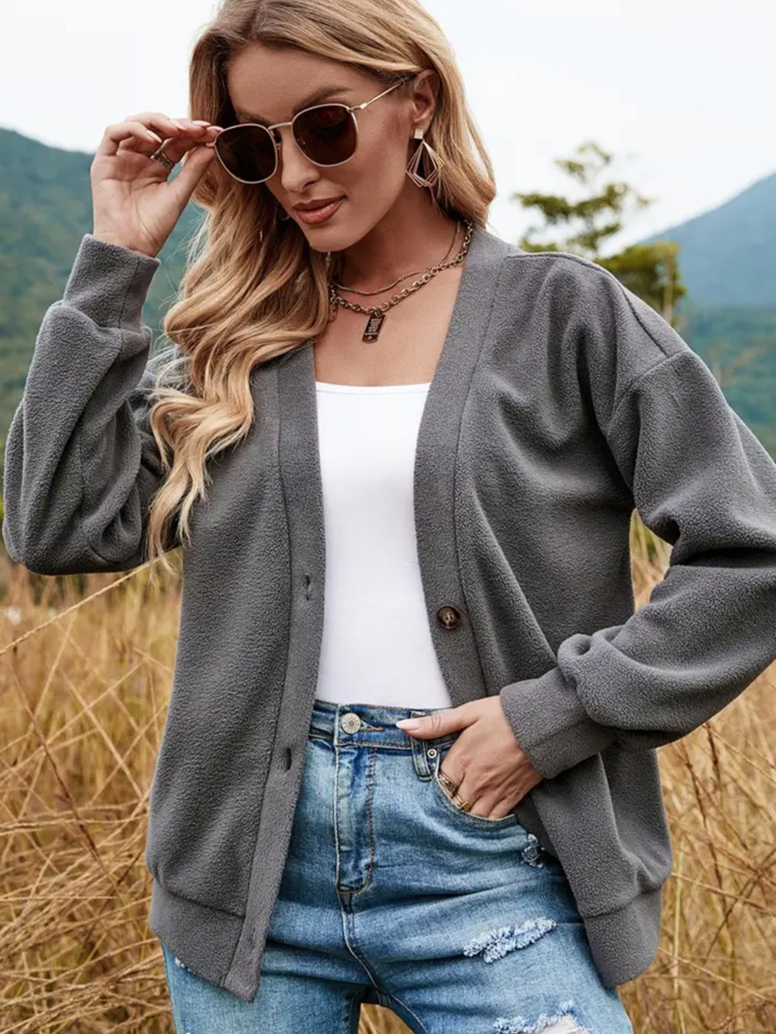 Shiny Button Down V-Neck Dropped Shoulder Jacket - EkaVibe