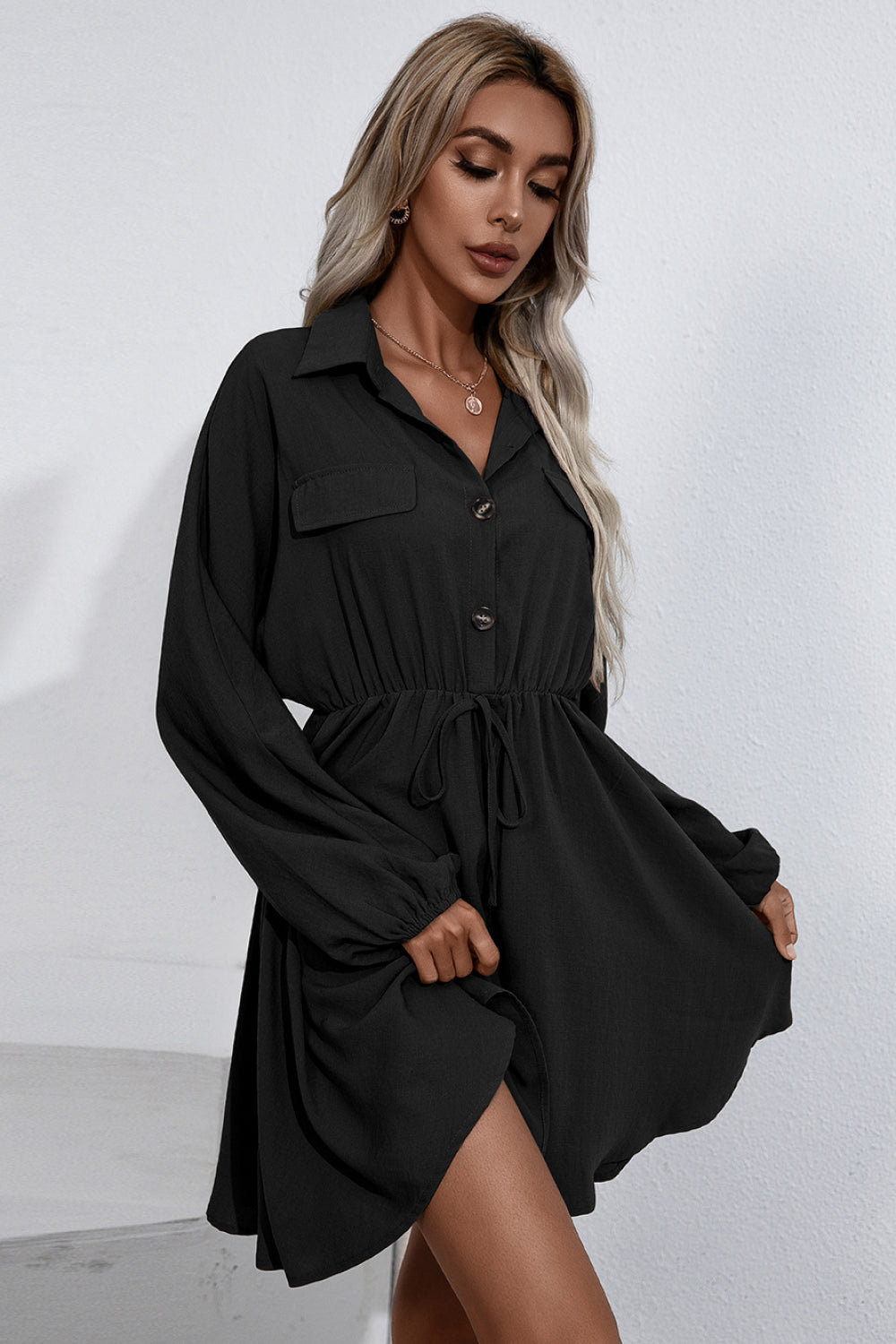 Ivy Lane Collared Tie Waist Button Up Shirt Dress - EkaVibe