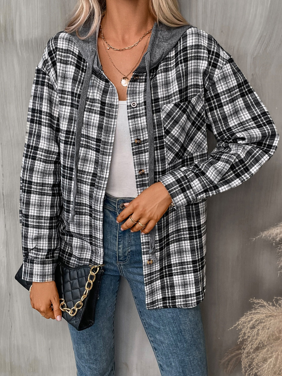 Plaid Long Sleeve Hooded Jacket - EkaVibe