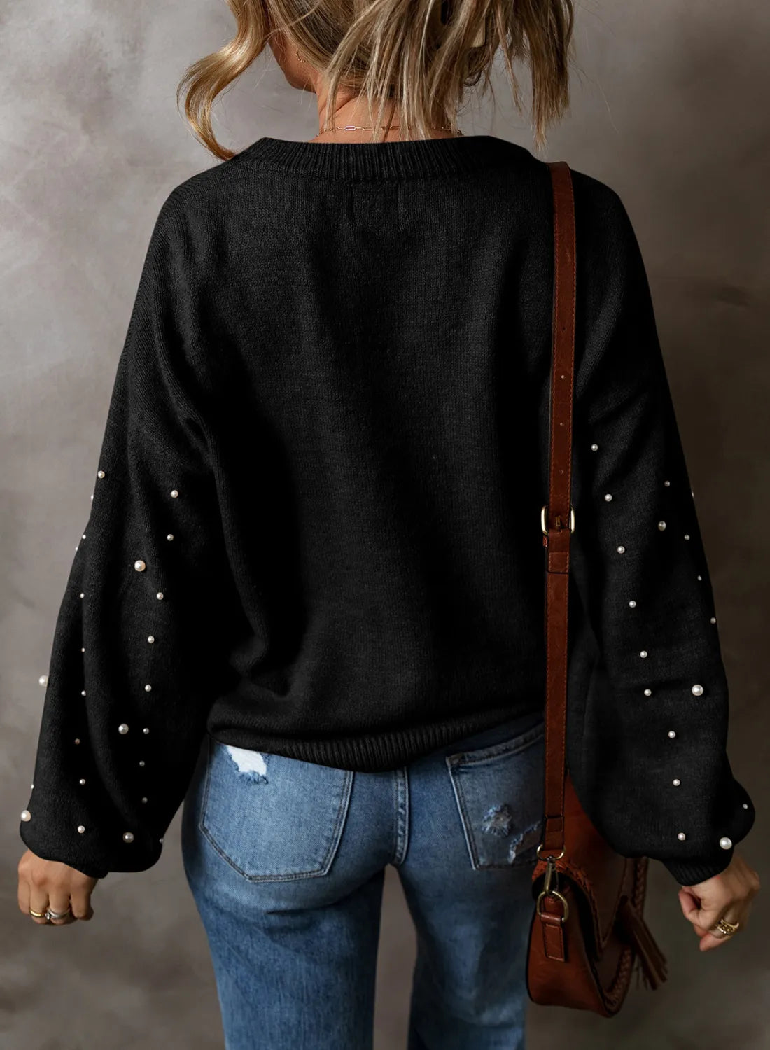 Pearl Detail Round Neck Long Sleeve Sweater - EkaVibe