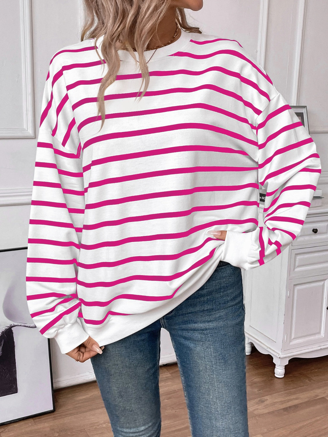 Lovelet Striped Round Neck Long Sleeve Sweatshirt - EkaVibe