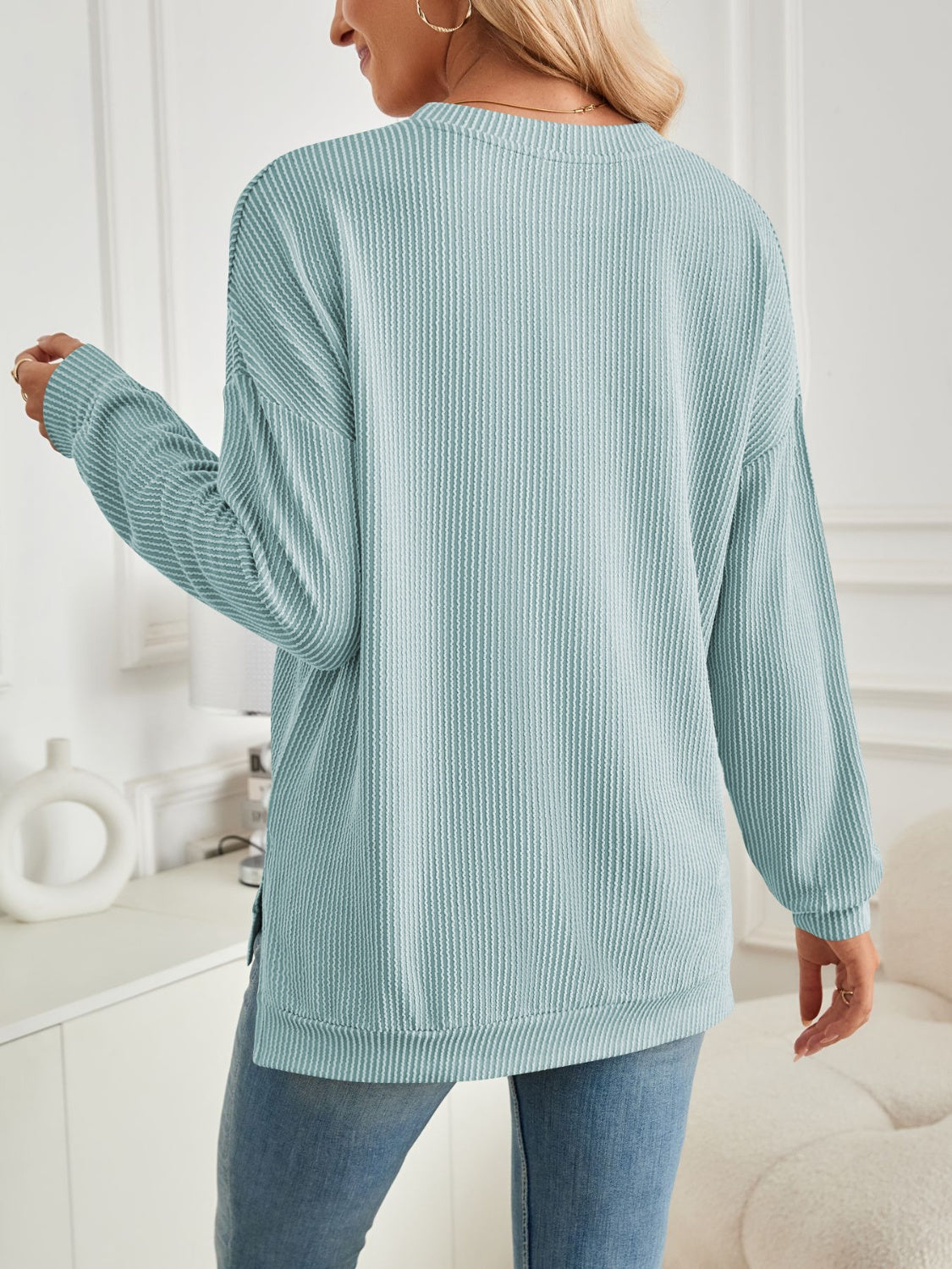 Lovelet Slit Round Neck Long Sleeve Sweatshirt - EkaVibe