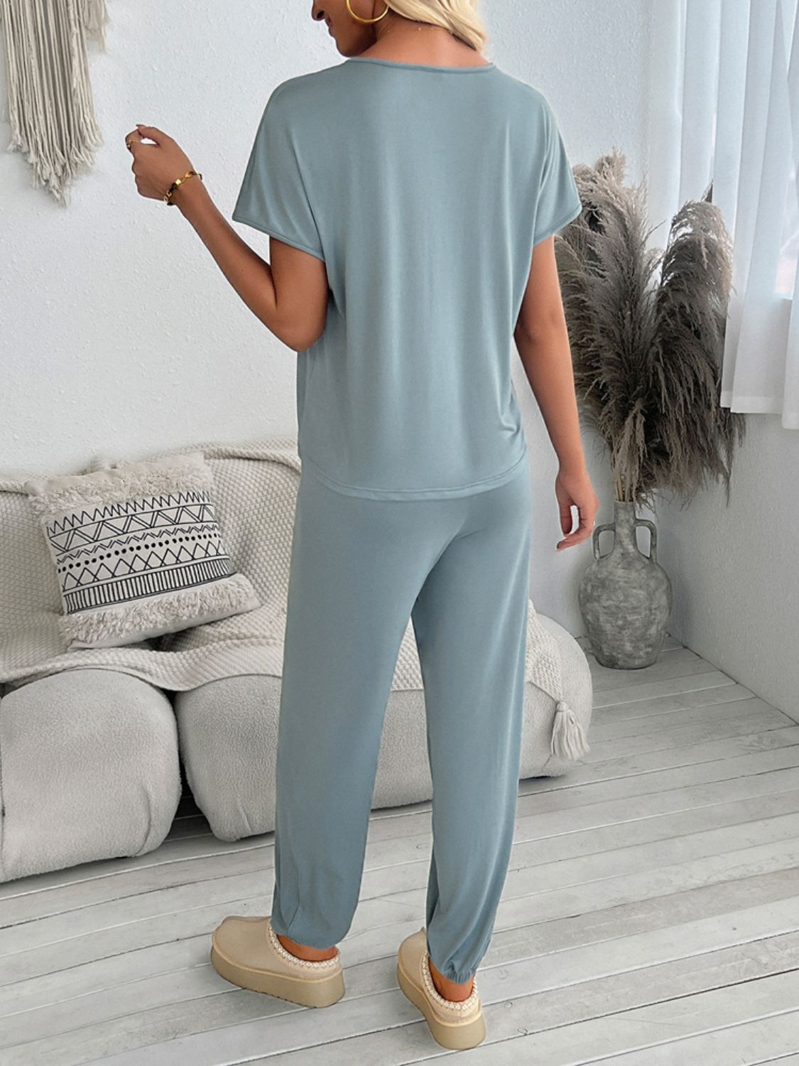 Devine V-Neck Short Sleeve Top and Pants Set - EkaVibe